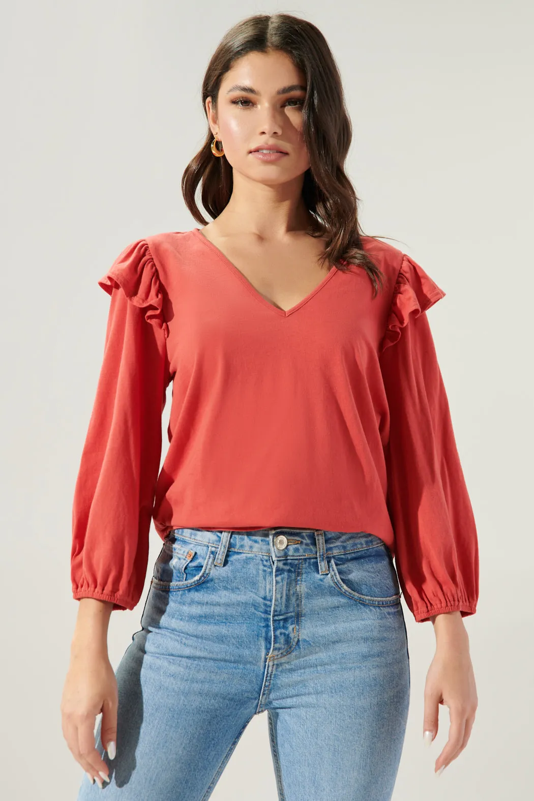 Quinn V Neck Ruffle Puff Sleeve Cotton Knit Top