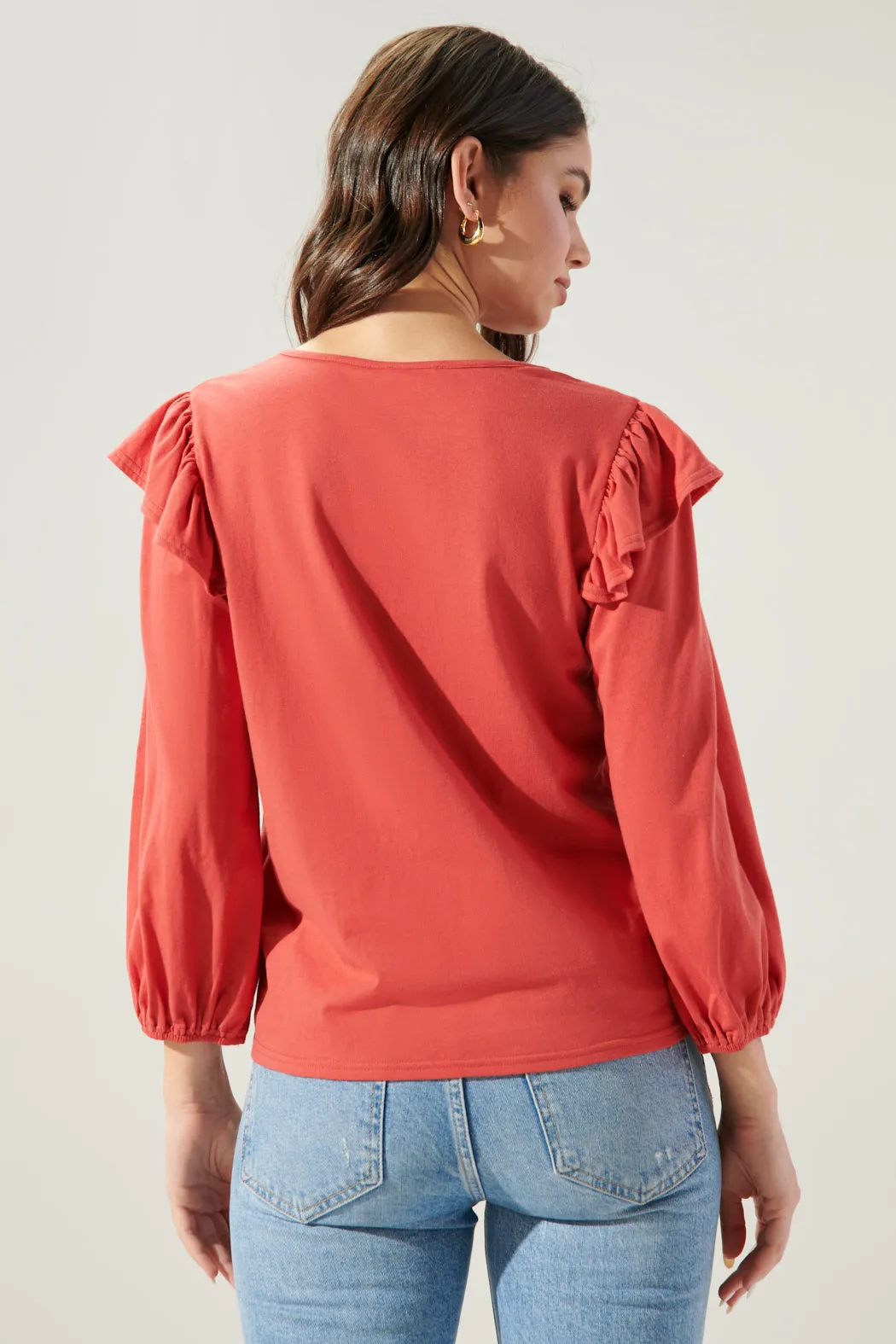 Quinn V Neck Ruffle Puff Sleeve Cotton Knit Top