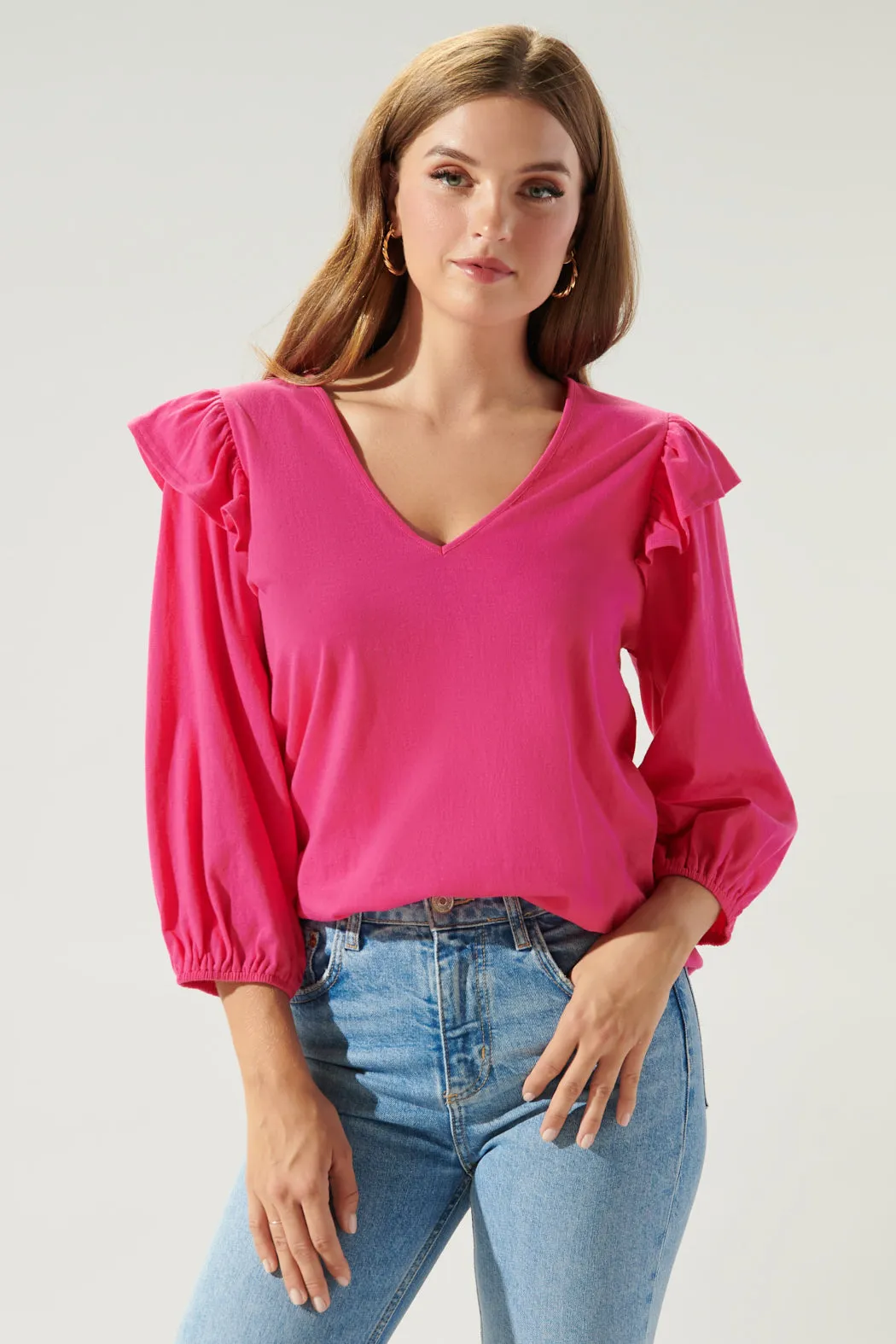 Quinn V Neck Ruffle Puff Sleeve Cotton Knit Top