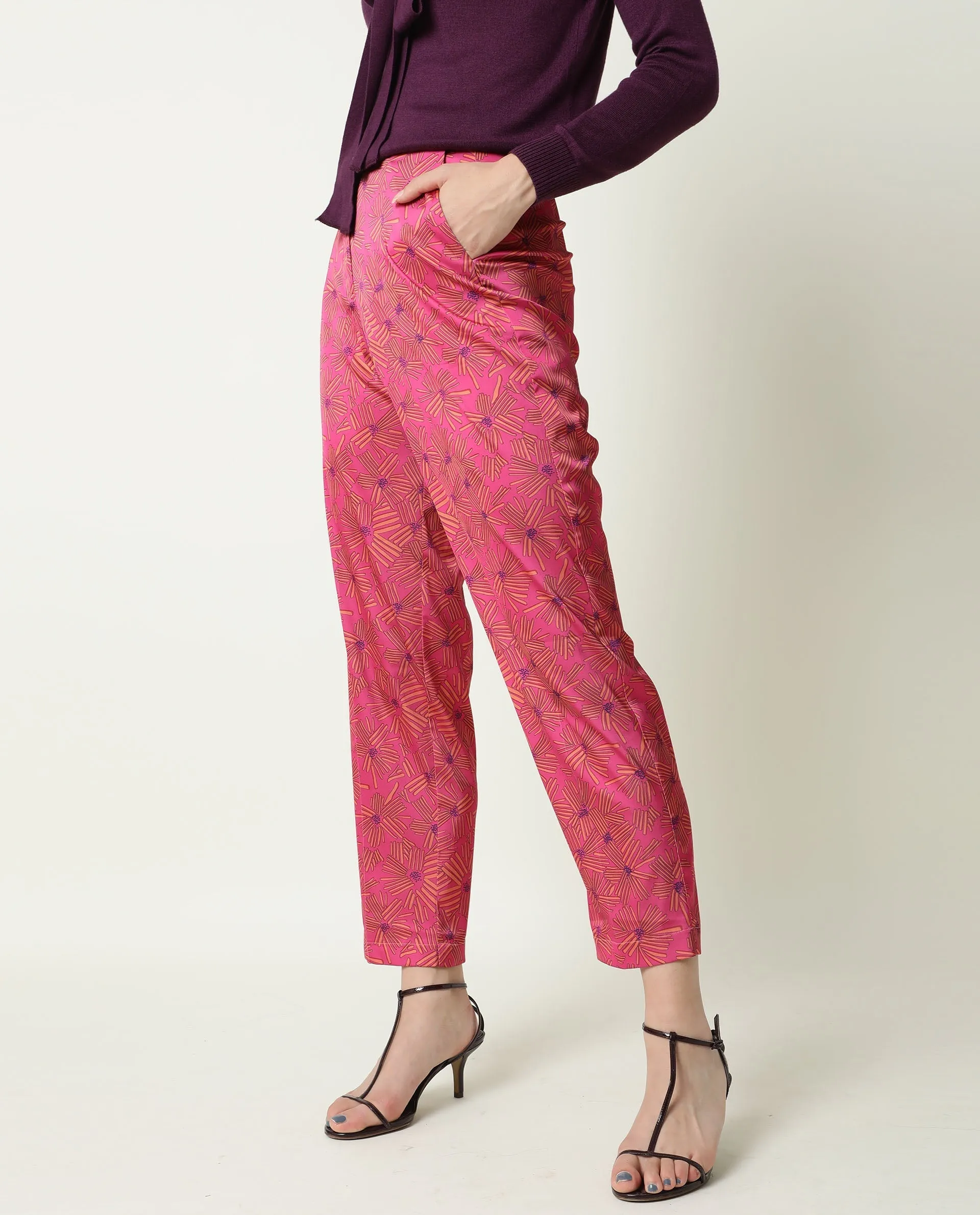 Rareism Women Catepil Flouroscent Pink Modal Fabric Tailored Fit Mid Rise Geometric Print Ankle Length Trousers