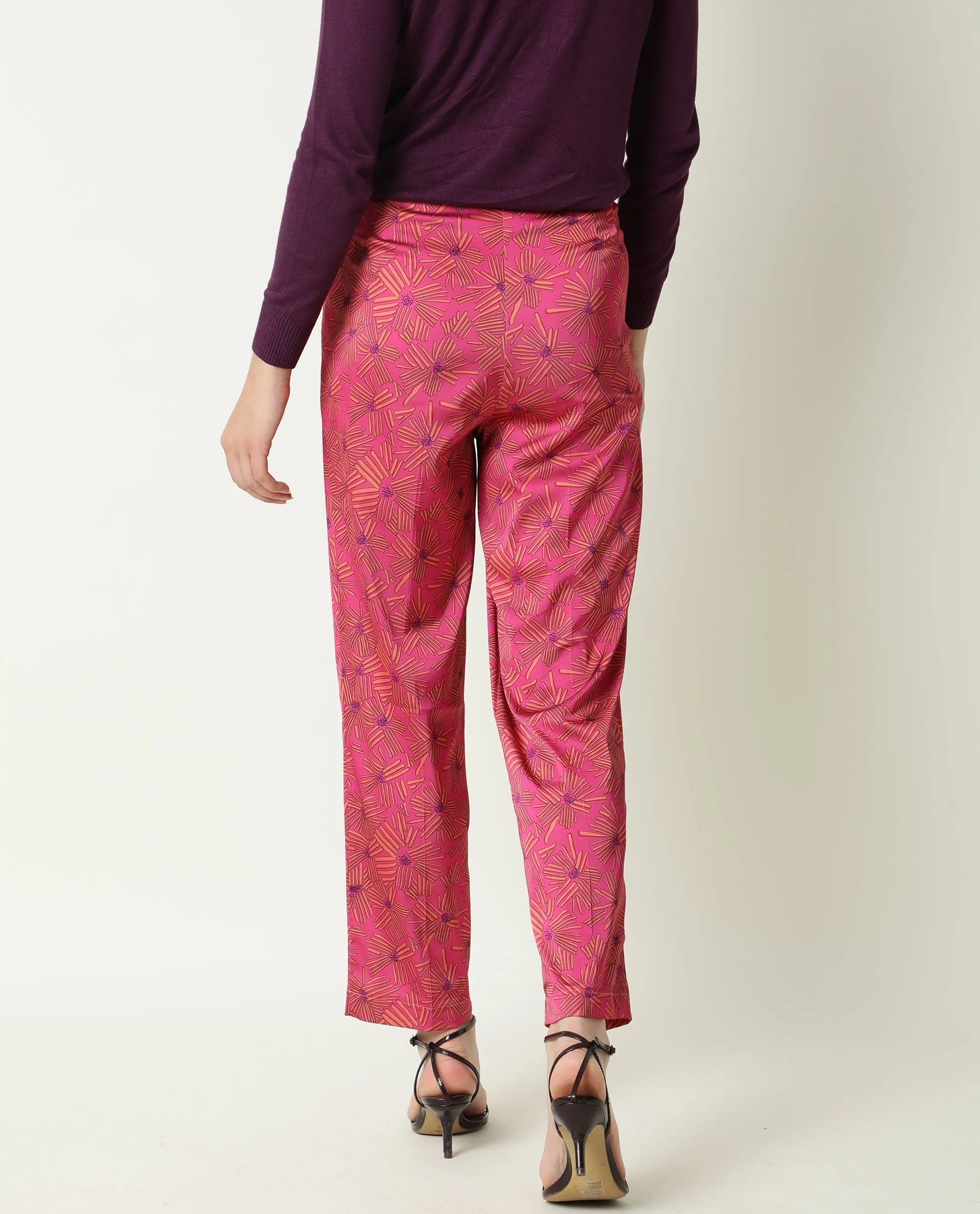 Rareism Women Catepil Flouroscent Pink Modal Fabric Tailored Fit Mid Rise Geometric Print Ankle Length Trousers