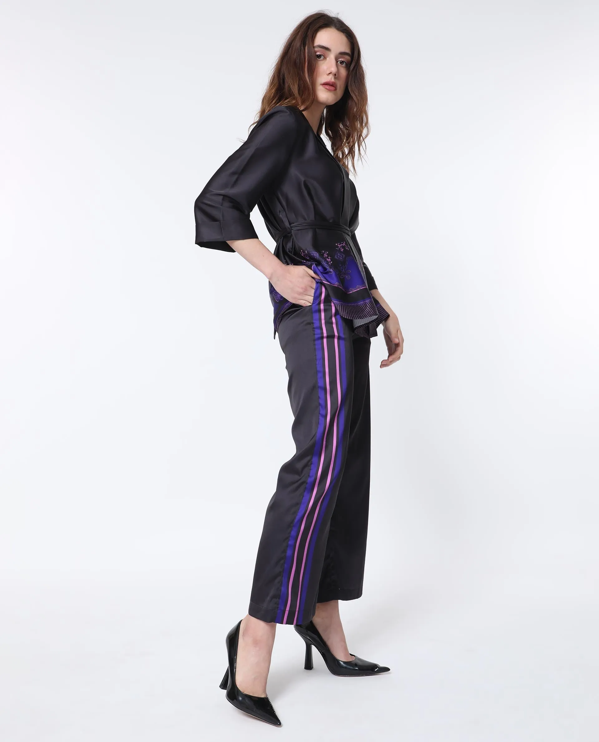 Rareism Women Craig Black Polyester Fabric Regular Fit Mid Rise Striped Ankle Length Trousers