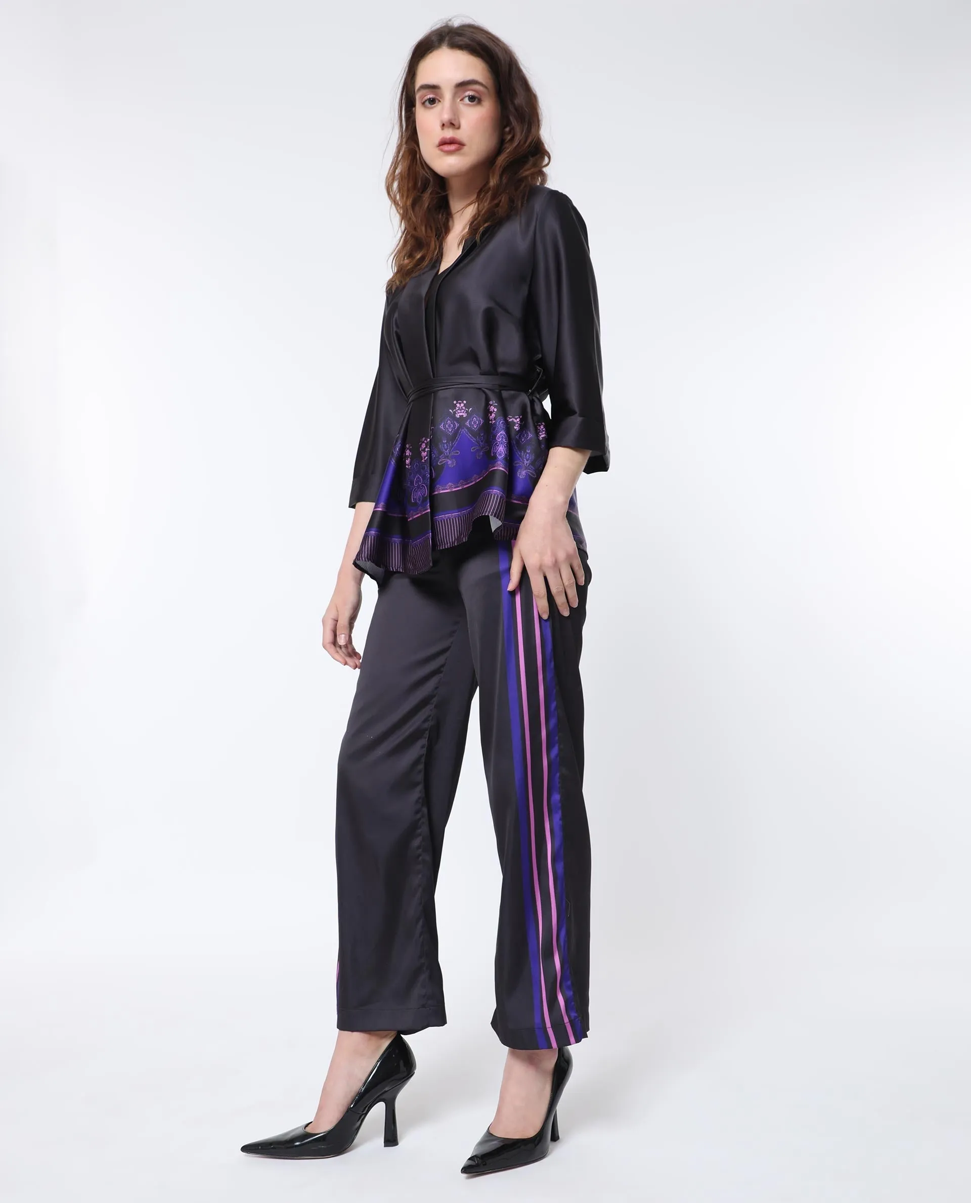 Rareism Women Craig Black Polyester Fabric Regular Fit Mid Rise Striped Ankle Length Trousers