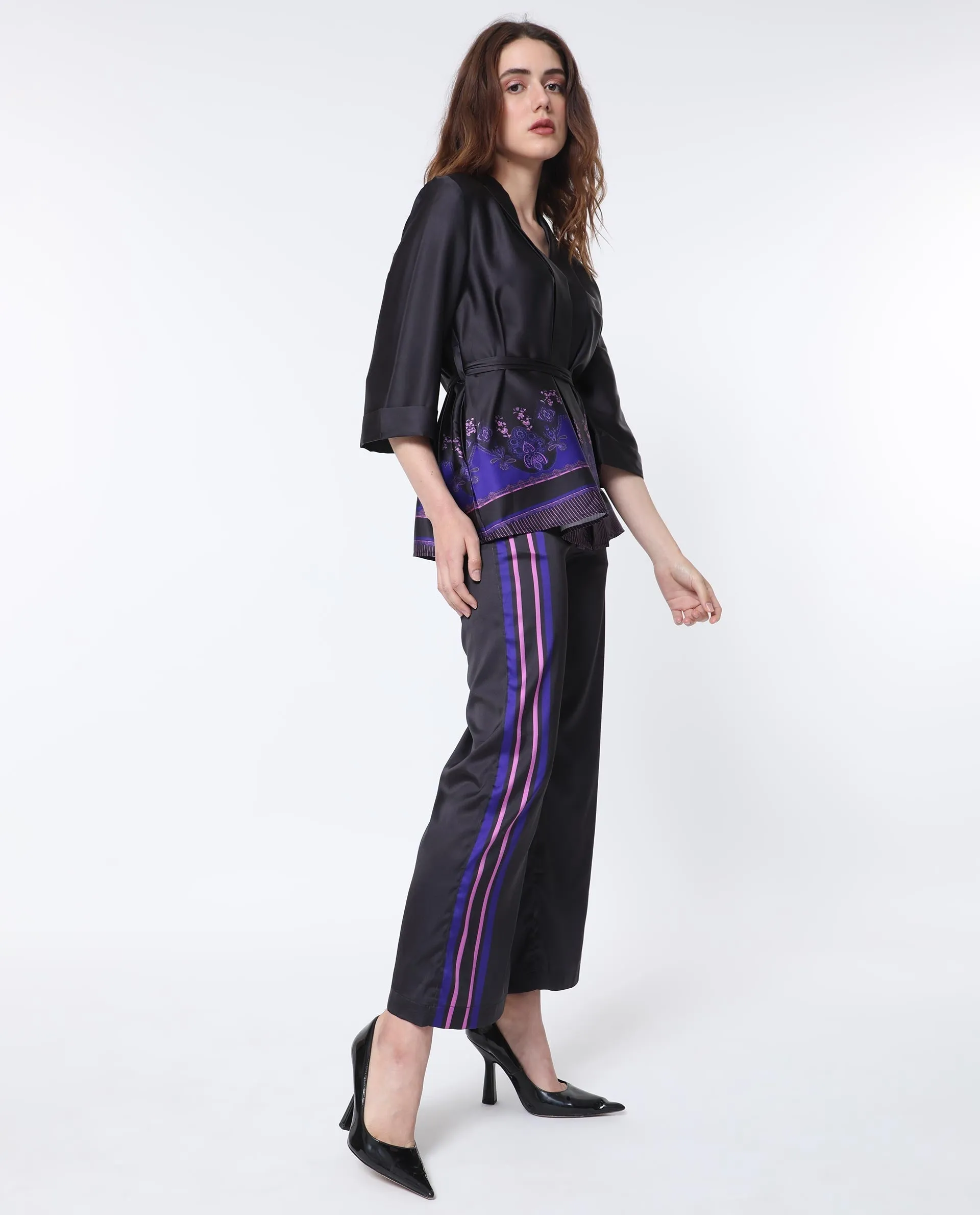 Rareism Women Craig Black Polyester Fabric Regular Fit Mid Rise Striped Ankle Length Trousers