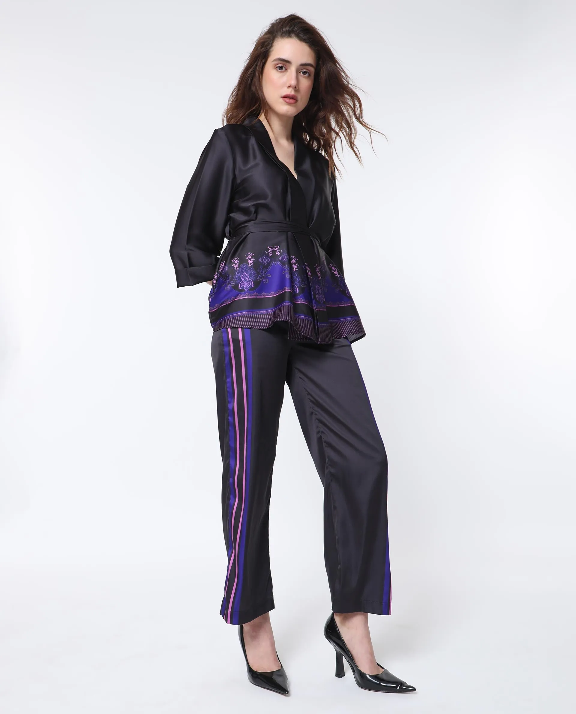 Rareism Women Craig Black Polyester Fabric Regular Fit Mid Rise Striped Ankle Length Trousers