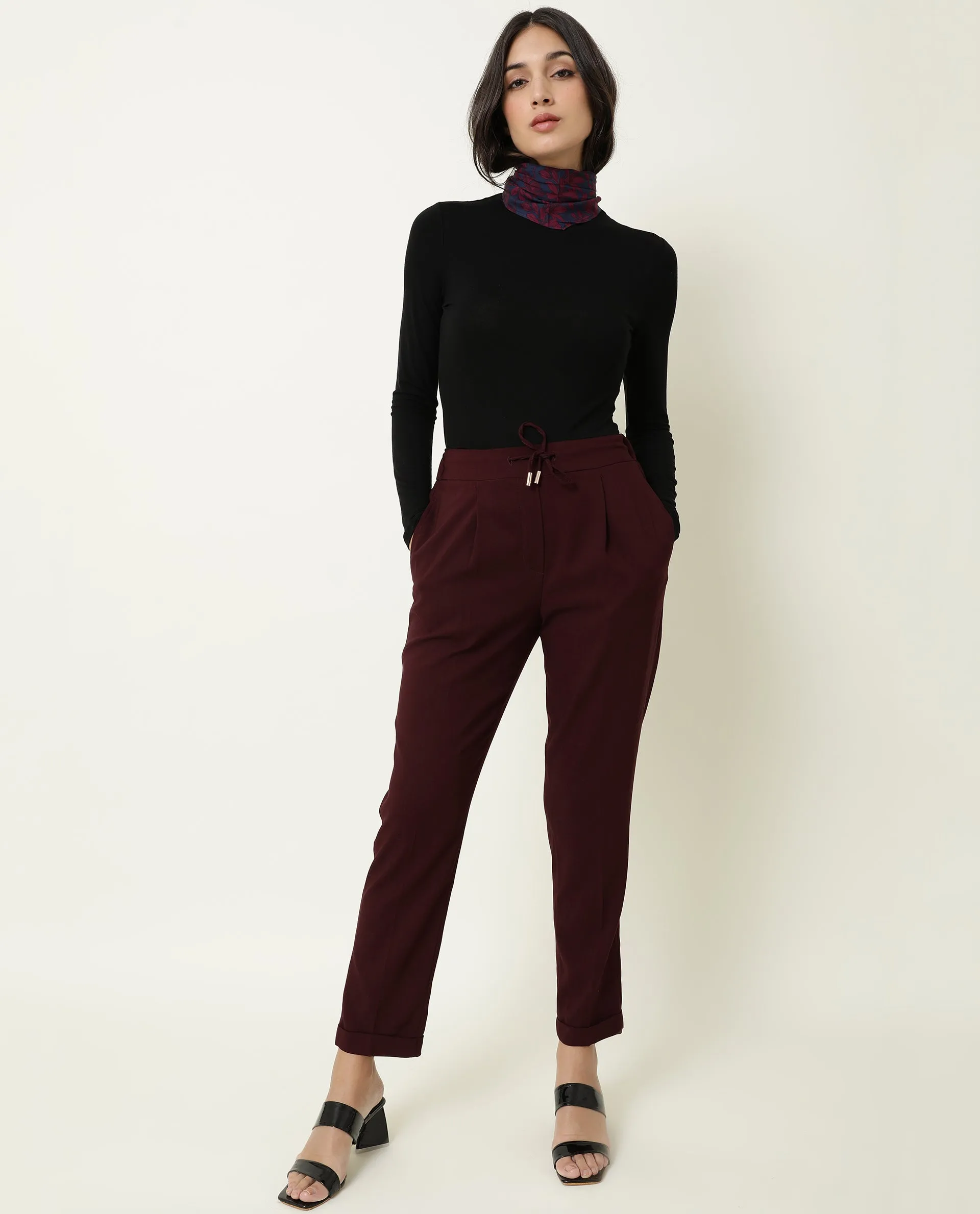 Rareism Women Jeremiah Maroon Poly Lycra Fabric Tailored Fit Mid Rise Solid Ankle Length Trousers