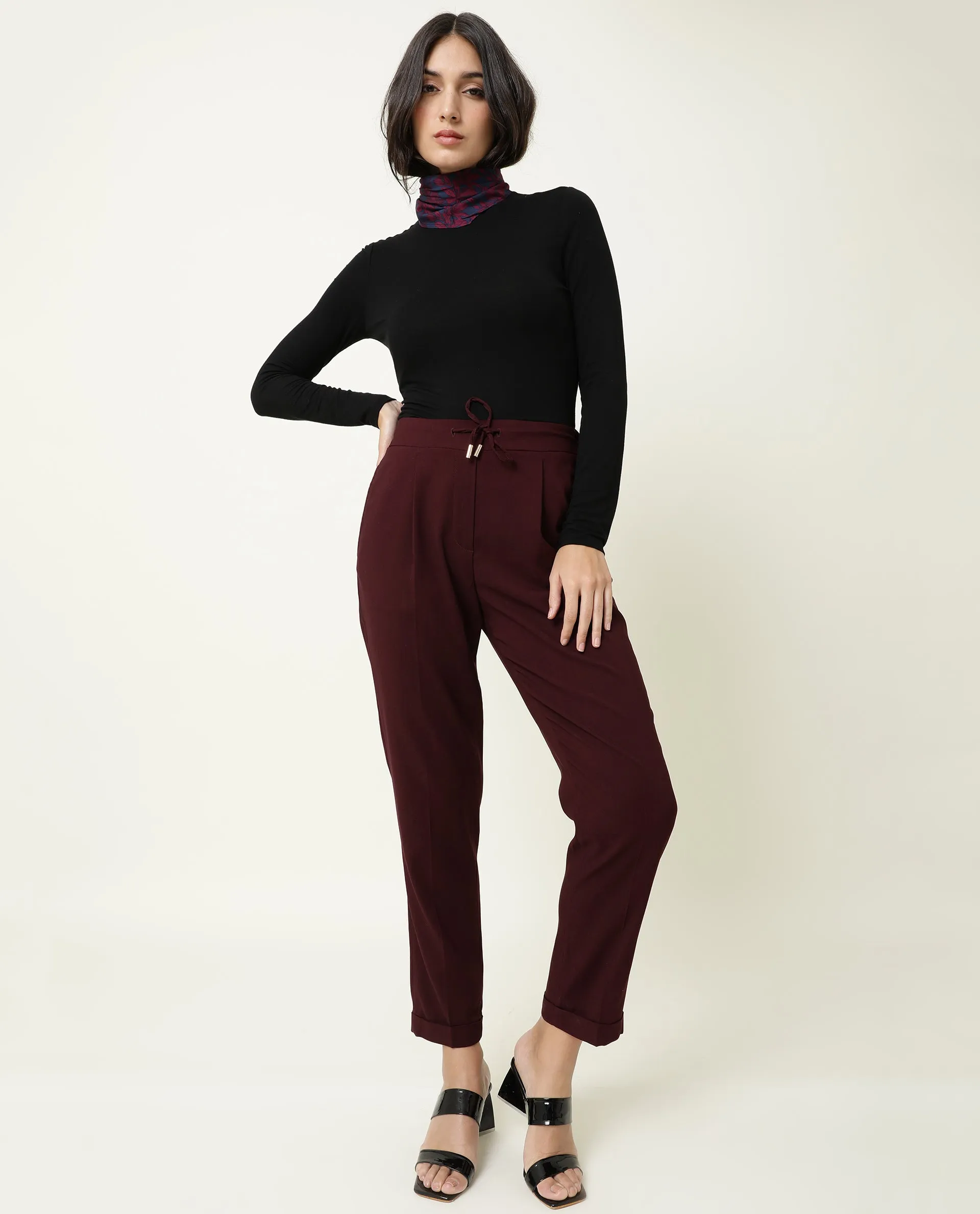 Rareism Women Jeremiah Maroon Poly Lycra Fabric Tailored Fit Mid Rise Solid Ankle Length Trousers