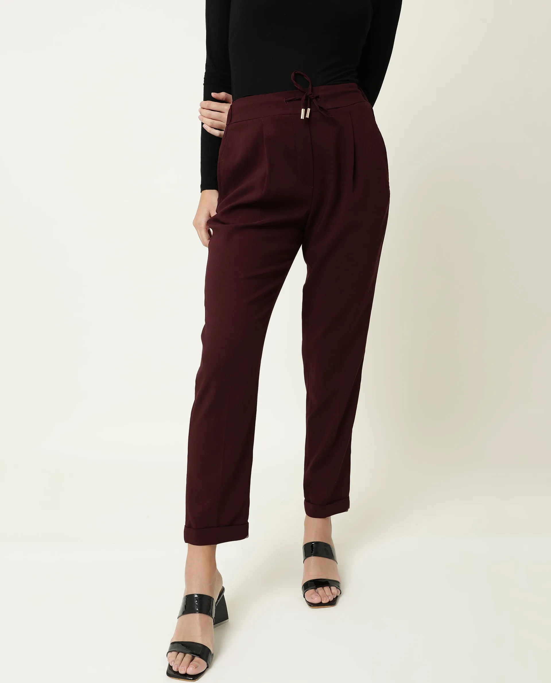 Rareism Women Jeremiah Maroon Poly Lycra Fabric Tailored Fit Mid Rise Solid Ankle Length Trousers