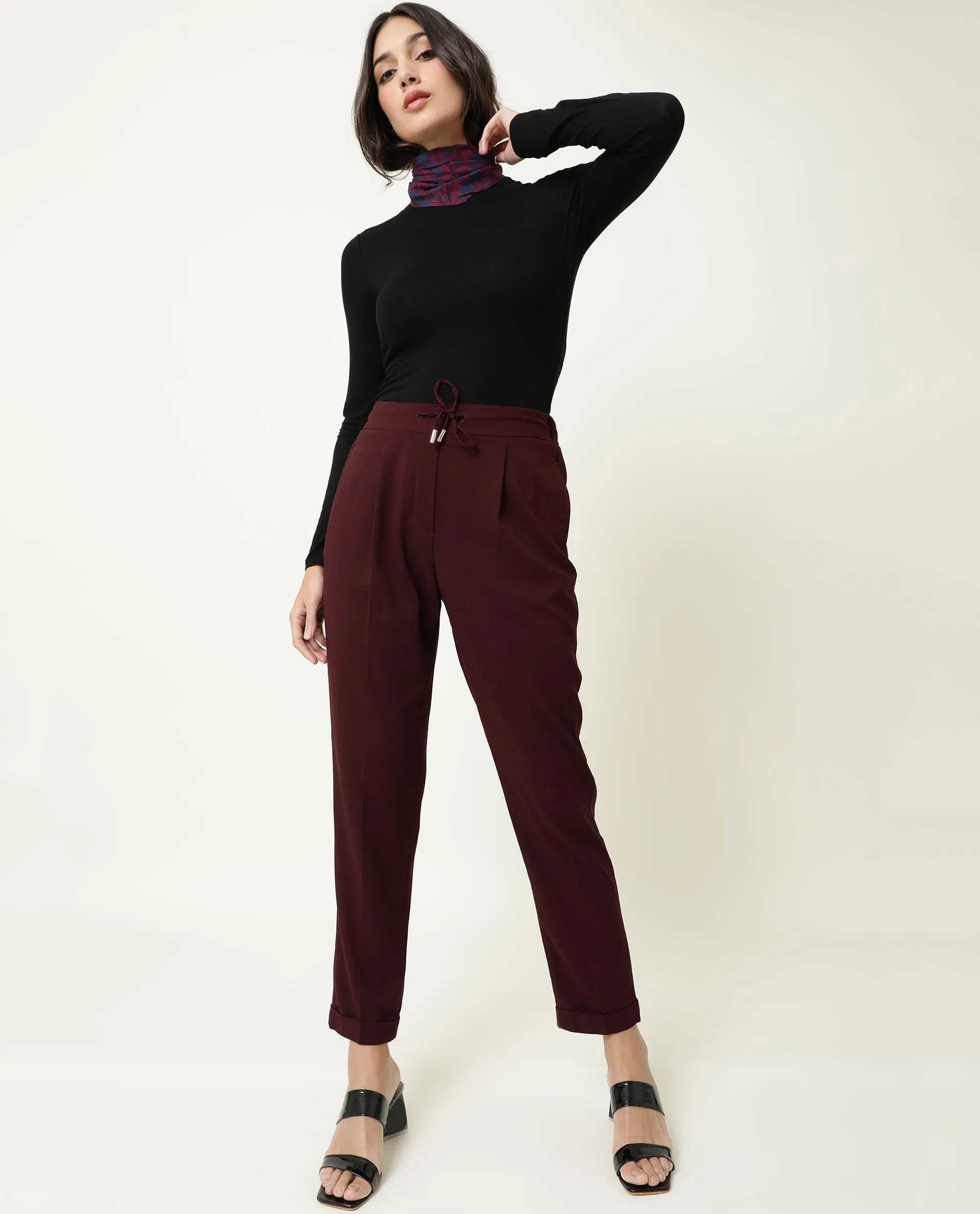 Rareism Women Jeremiah Maroon Poly Lycra Fabric Tailored Fit Mid Rise Solid Ankle Length Trousers