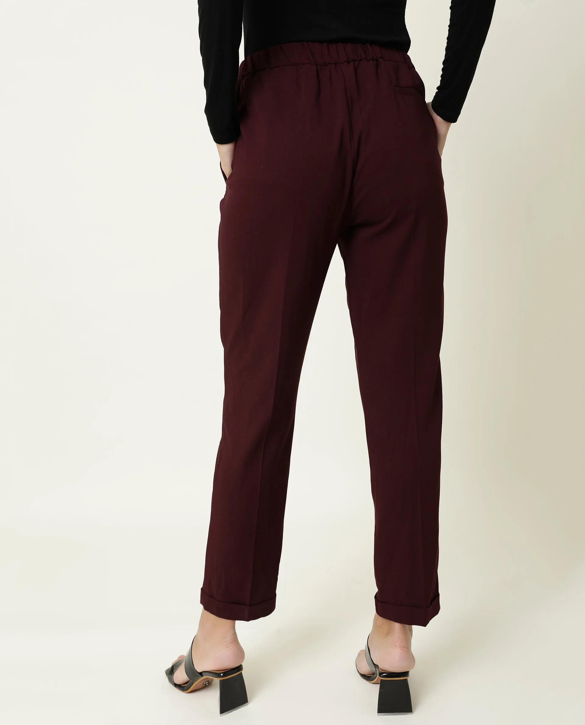 Rareism Women Jeremiah Maroon Poly Lycra Fabric Tailored Fit Mid Rise Solid Ankle Length Trousers