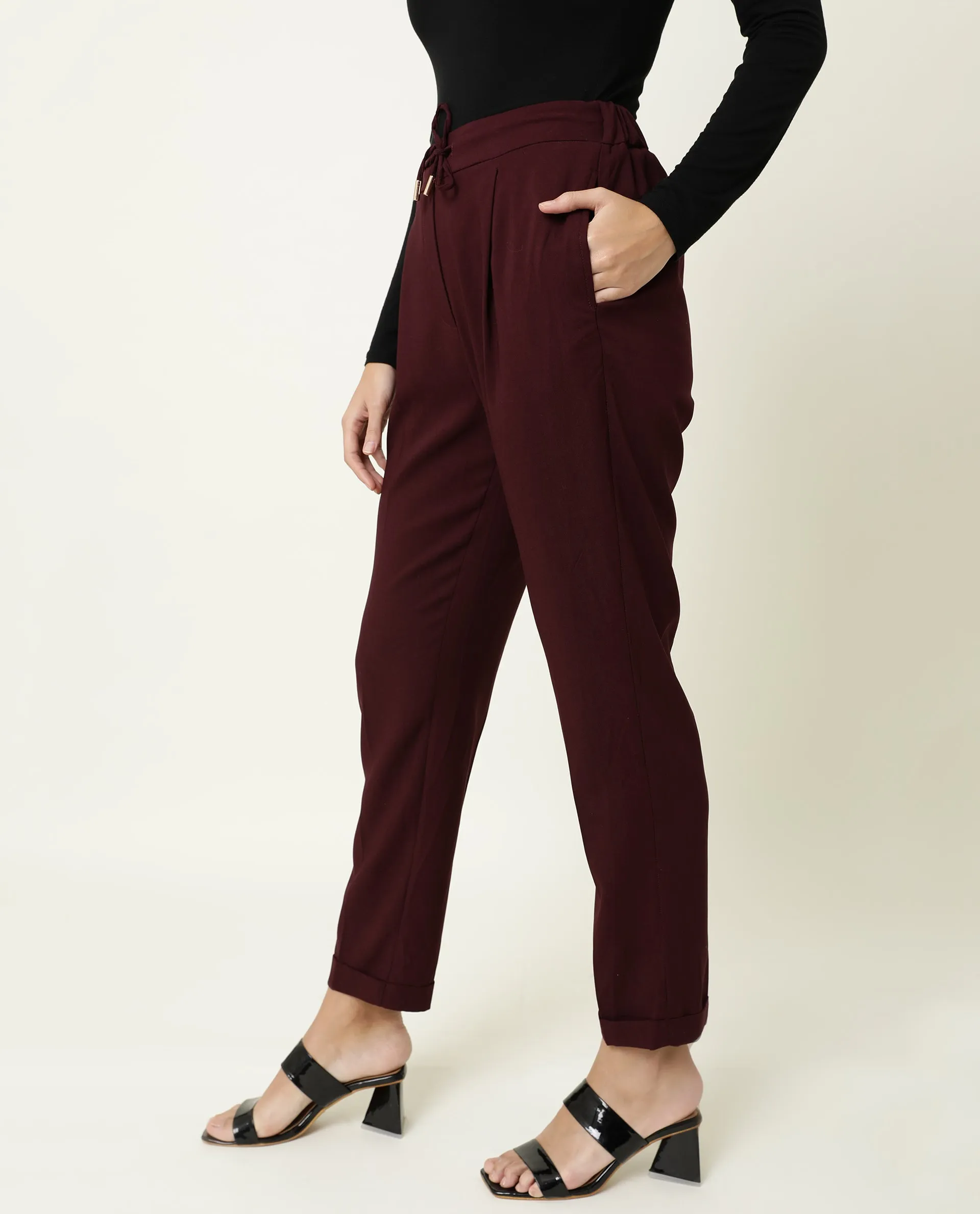 Rareism Women Jeremiah Maroon Poly Lycra Fabric Tailored Fit Mid Rise Solid Ankle Length Trousers