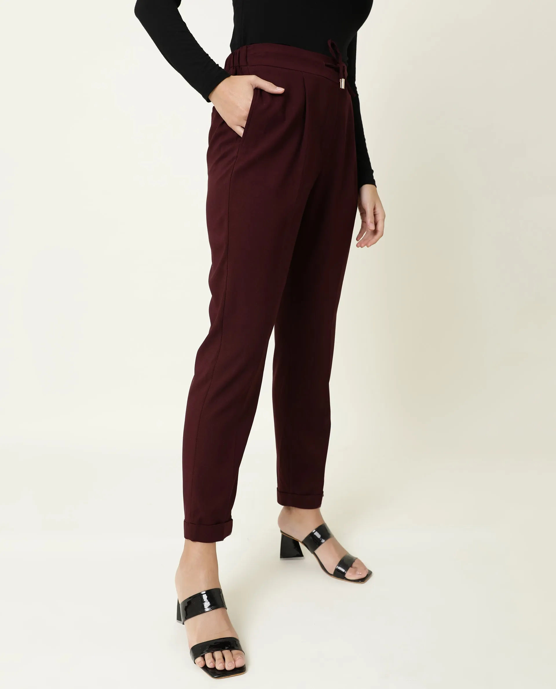 Rareism Women Jeremiah Maroon Poly Lycra Fabric Tailored Fit Mid Rise Solid Ankle Length Trousers