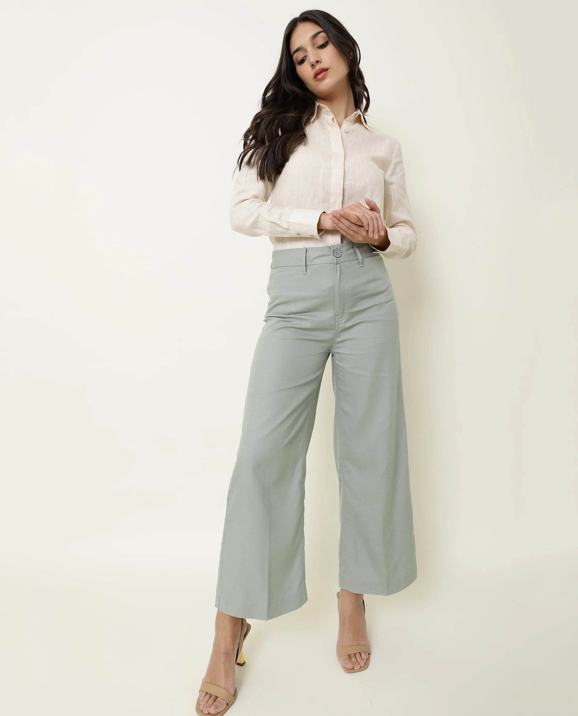 Rareism Women Micky Light Green Cotton Lyocell Fabric Tailored Fit Mid Rise Solid Ankle Length Trousers