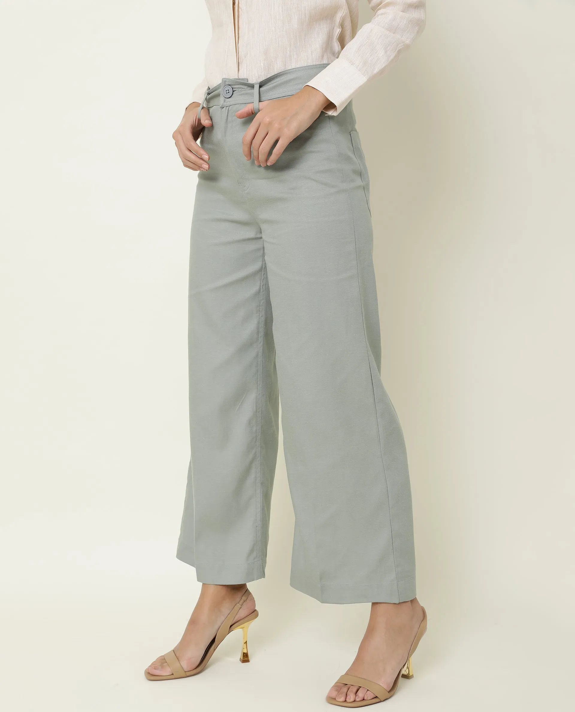 Rareism Women Micky Light Green Cotton Lyocell Fabric Tailored Fit Mid Rise Solid Ankle Length Trousers