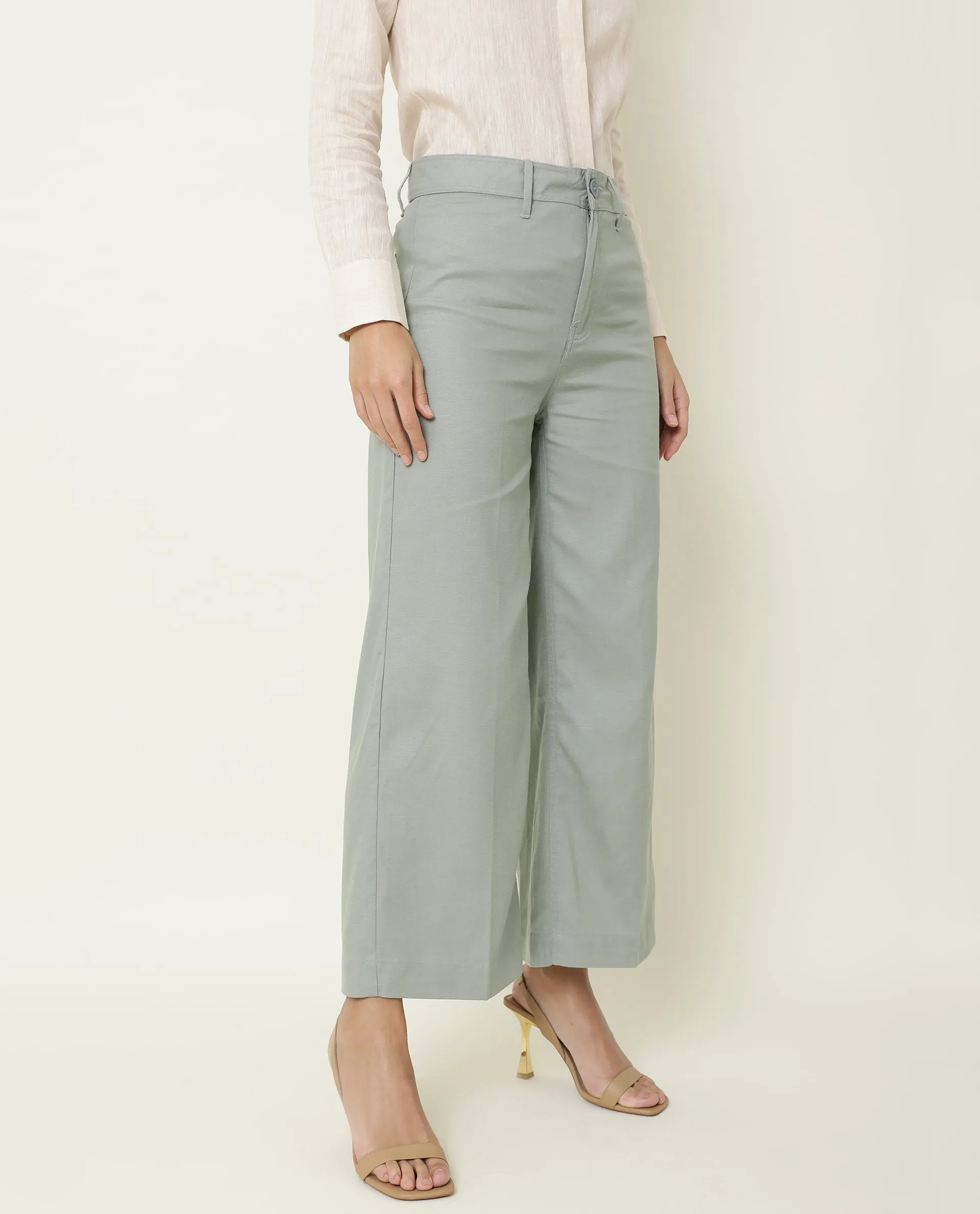 Rareism Women Micky Light Green Cotton Lyocell Fabric Tailored Fit Mid Rise Solid Ankle Length Trousers