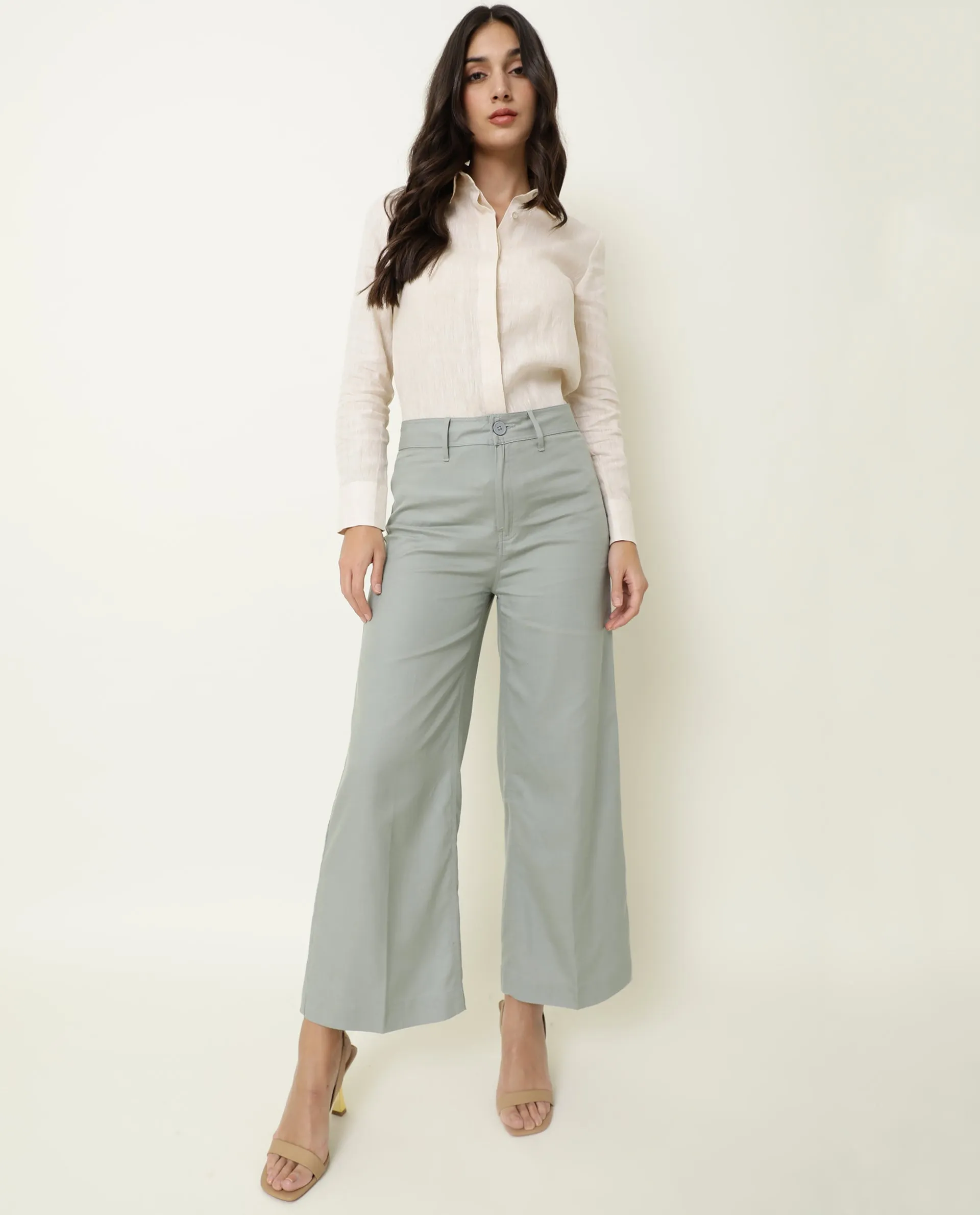 Rareism Women Micky Light Green Cotton Lyocell Fabric Tailored Fit Mid Rise Solid Ankle Length Trousers