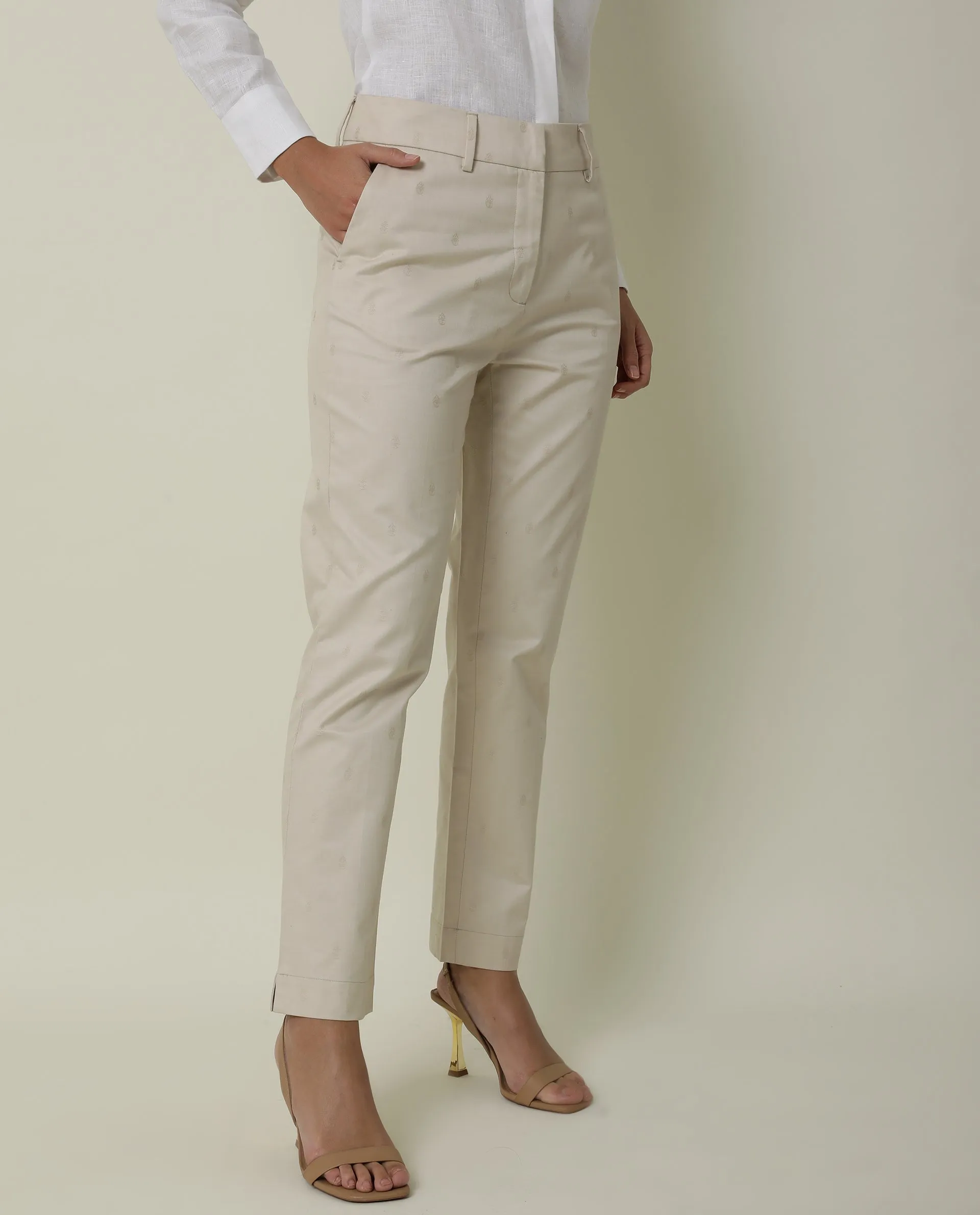 Rareism Women Odyssey Beige Viscose Fabric Tailored Fit High Rise Solid Ankle Length Trousers