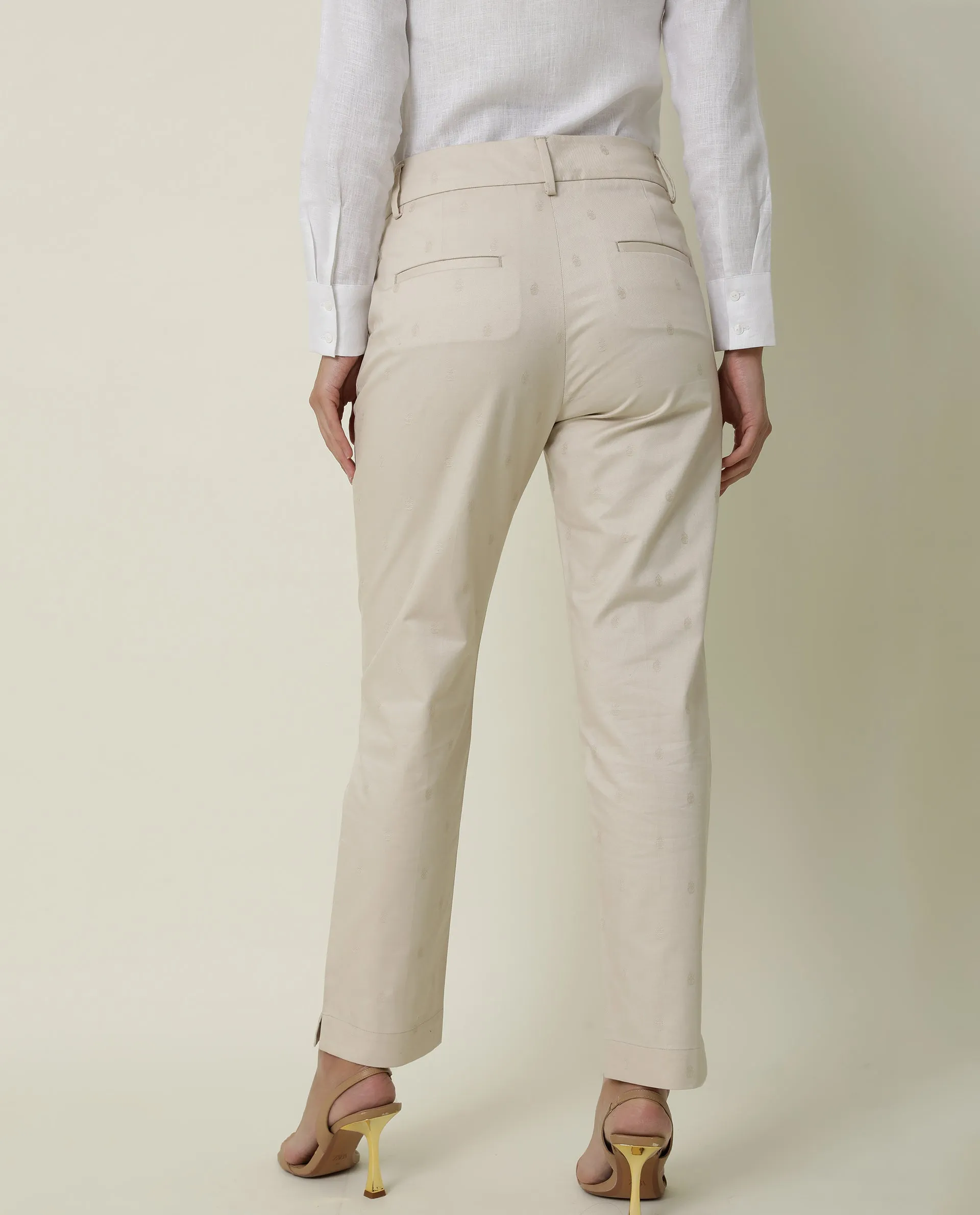 Rareism Women Odyssey Beige Viscose Fabric Tailored Fit High Rise Solid Ankle Length Trousers