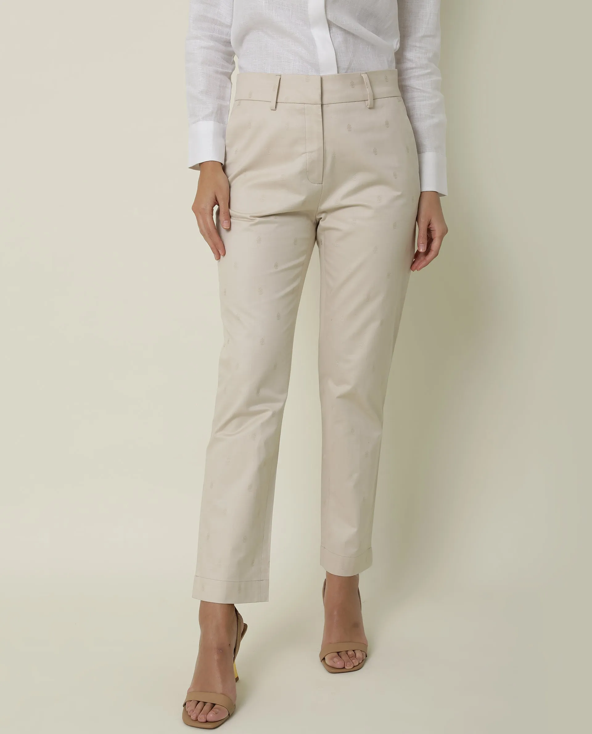 Rareism Women Odyssey Beige Viscose Fabric Tailored Fit High Rise Solid Ankle Length Trousers