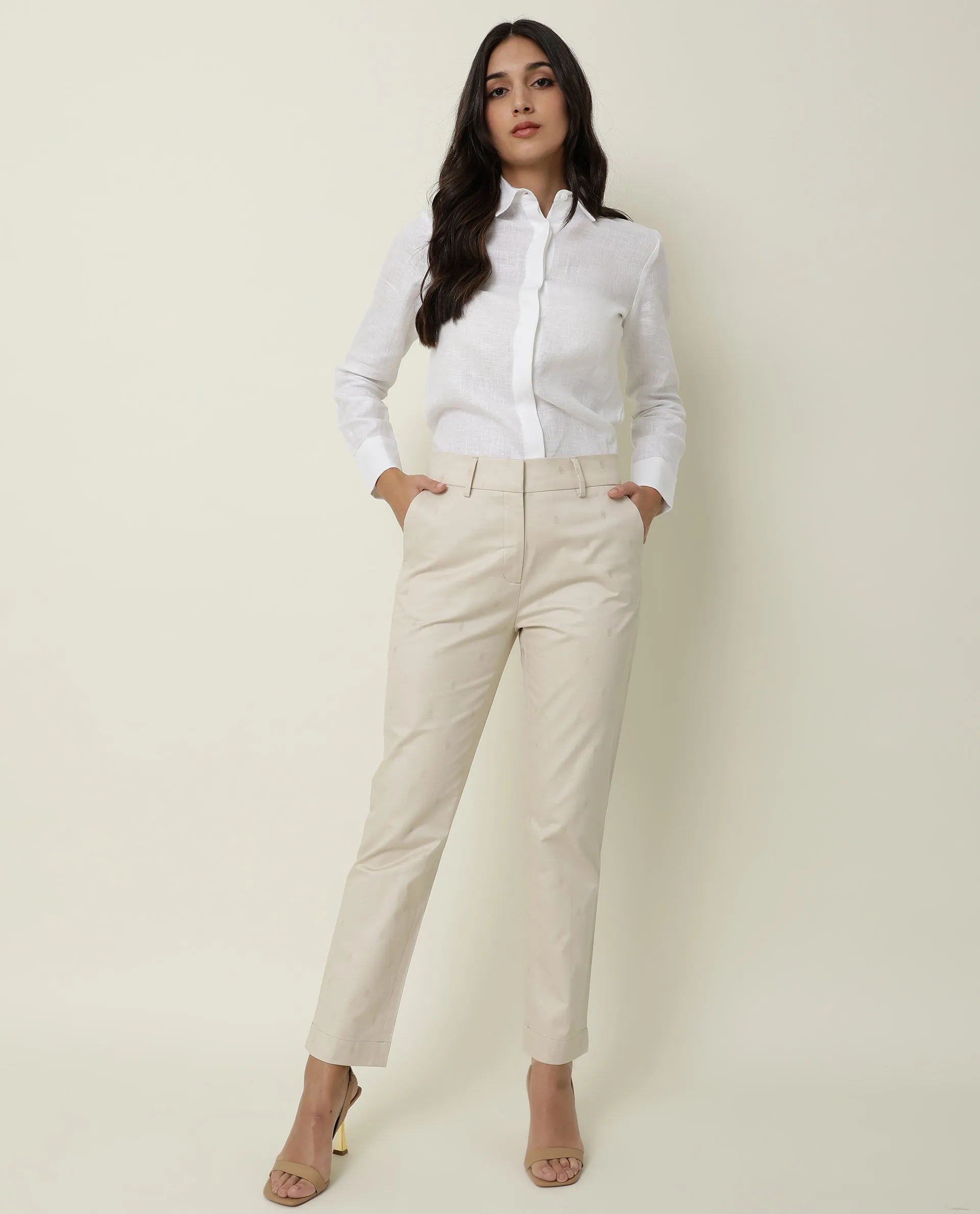 Rareism Women Odyssey Beige Viscose Fabric Tailored Fit High Rise Solid Ankle Length Trousers