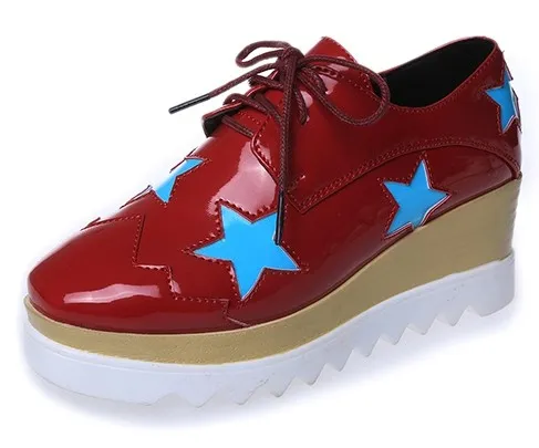 Red Patent Leather Star Lace-Up Platforms Wedges Oxfords