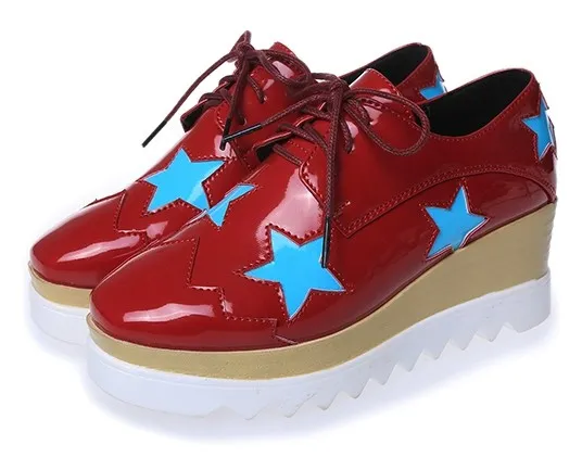 Red Patent Leather Star Lace-Up Platforms Wedges Oxfords