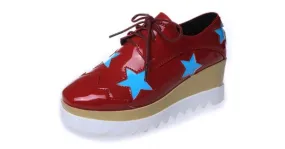 Red Patent Leather Star Lace-Up Platforms Wedges Oxfords