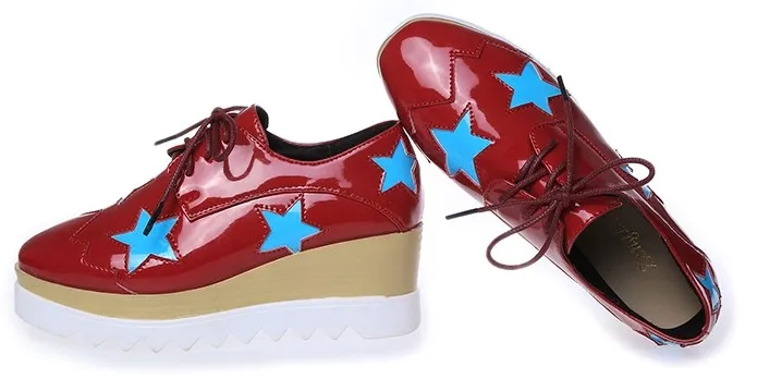 Red Patent Leather Star Lace-Up Platforms Wedges Oxfords