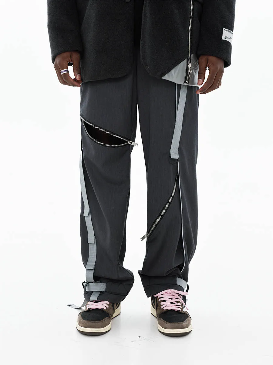 Reflective Strip Zipper Loose Trousers