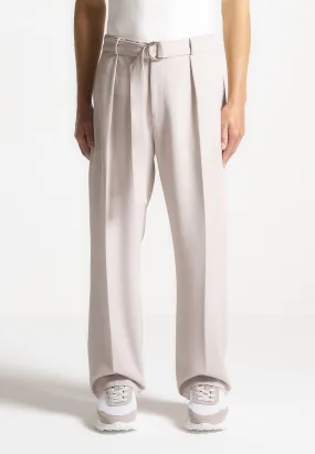 Relaxed Fit Textured Belted Tailored Trousers - Stone