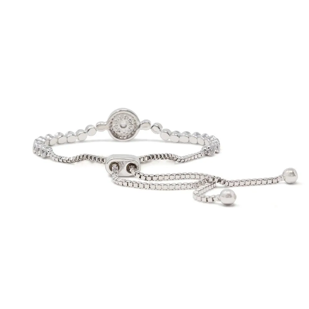 Rhodium Plated Slide Tennis Bracelet Round Pave CZ Station