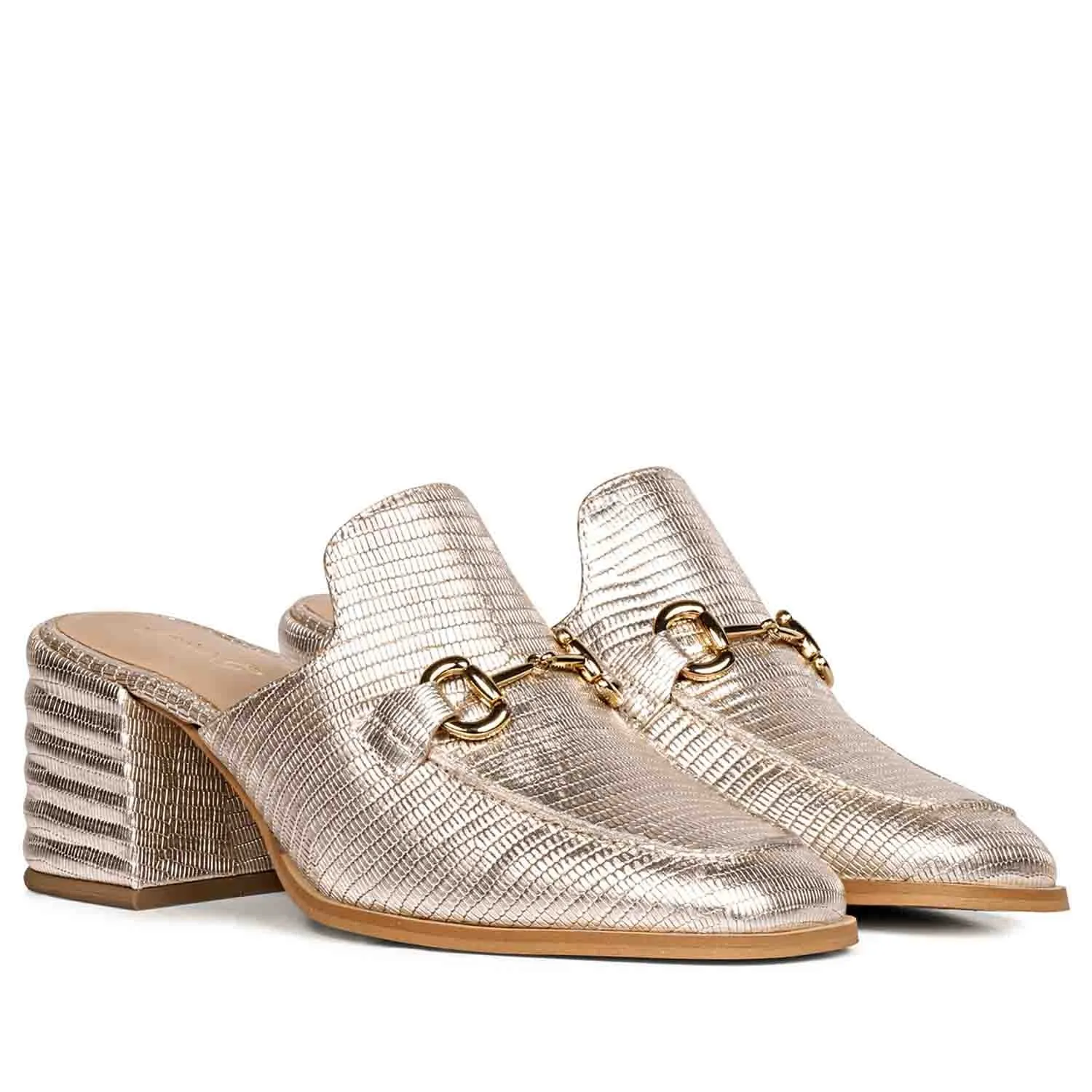 Saint Jasmine Gold Metallic Lizard Print Leather Moccasins