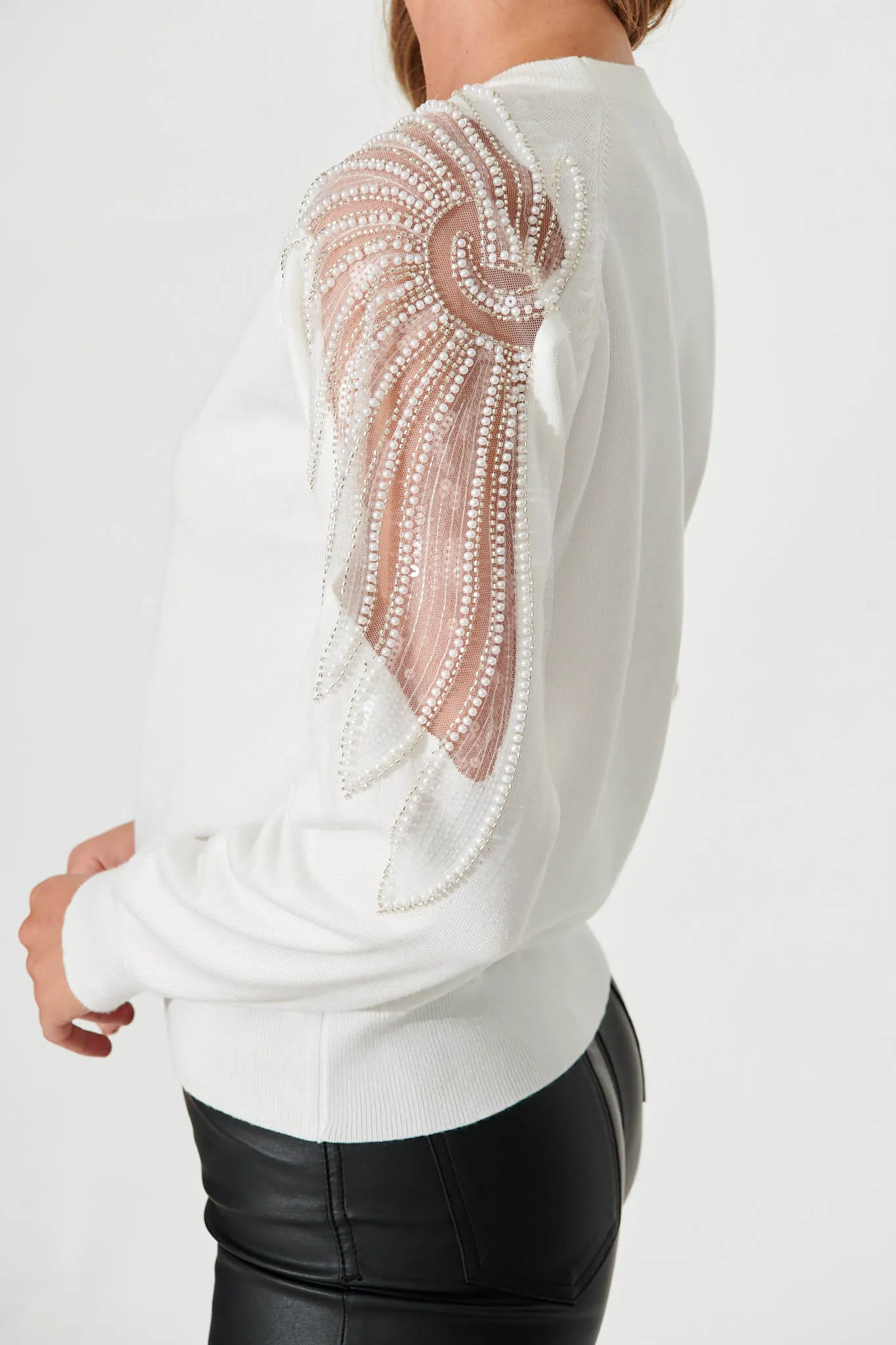 Sarandon Knit With Pearl Detail In Ivory Cotton Blend