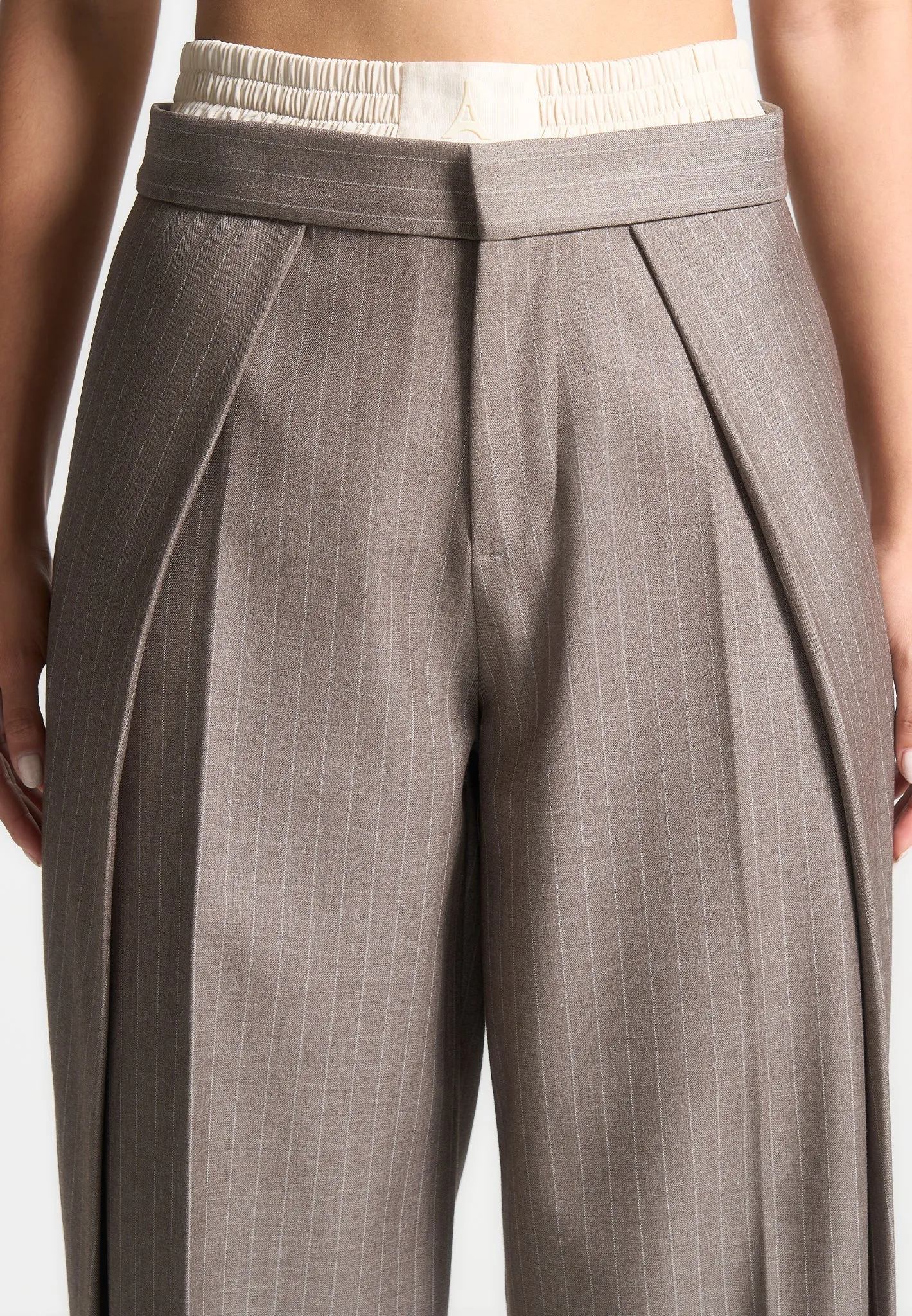 Satin Waistband Pinstripe Trousers - Taupe