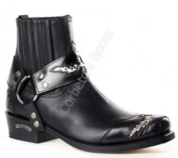 Sendra Men's Biker Black Ankle Boots with Leather Strap