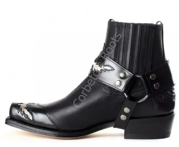 Sendra Men's Biker Black Ankle Boots with Leather Strap