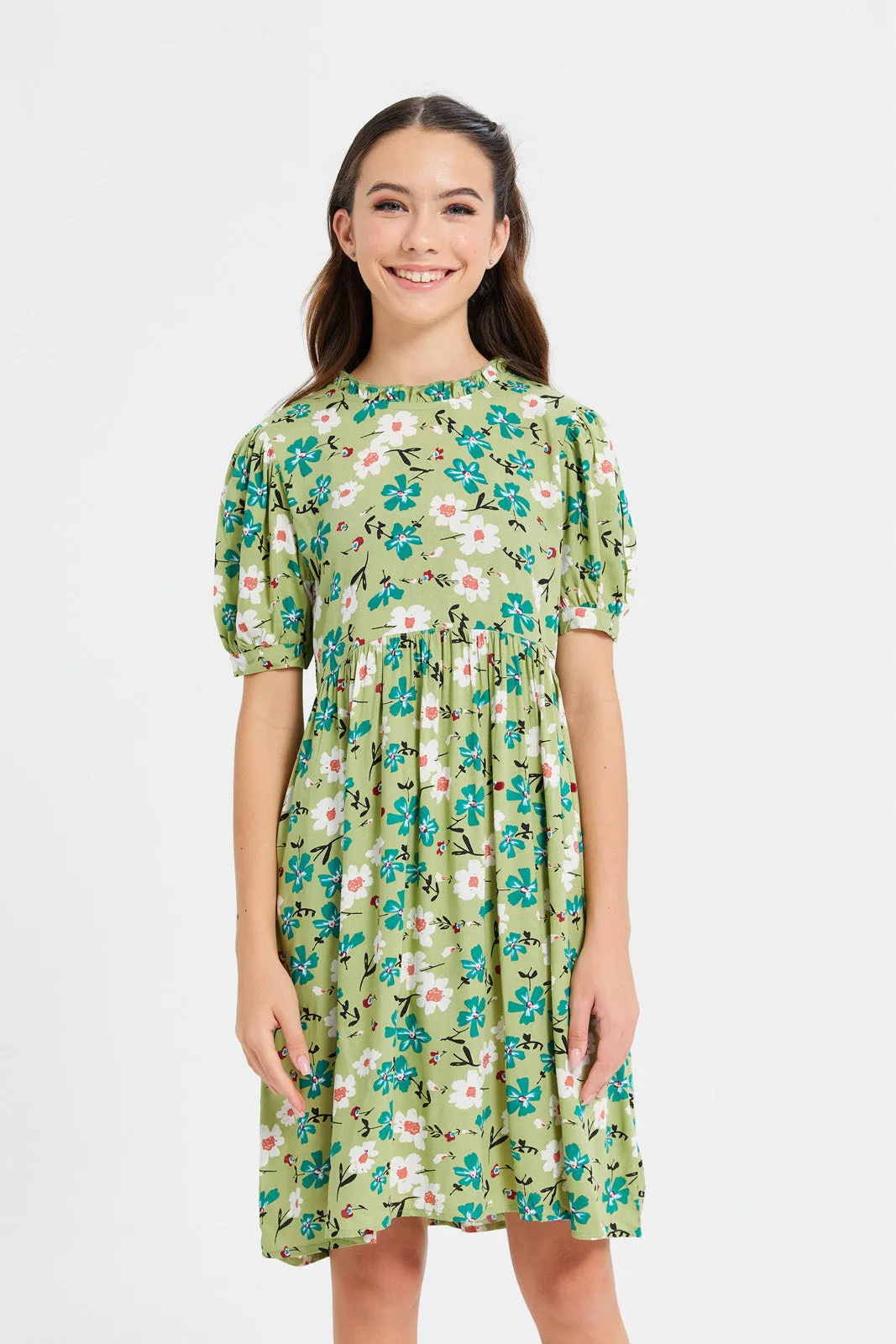 Senior Girls Green Floral Print Dress