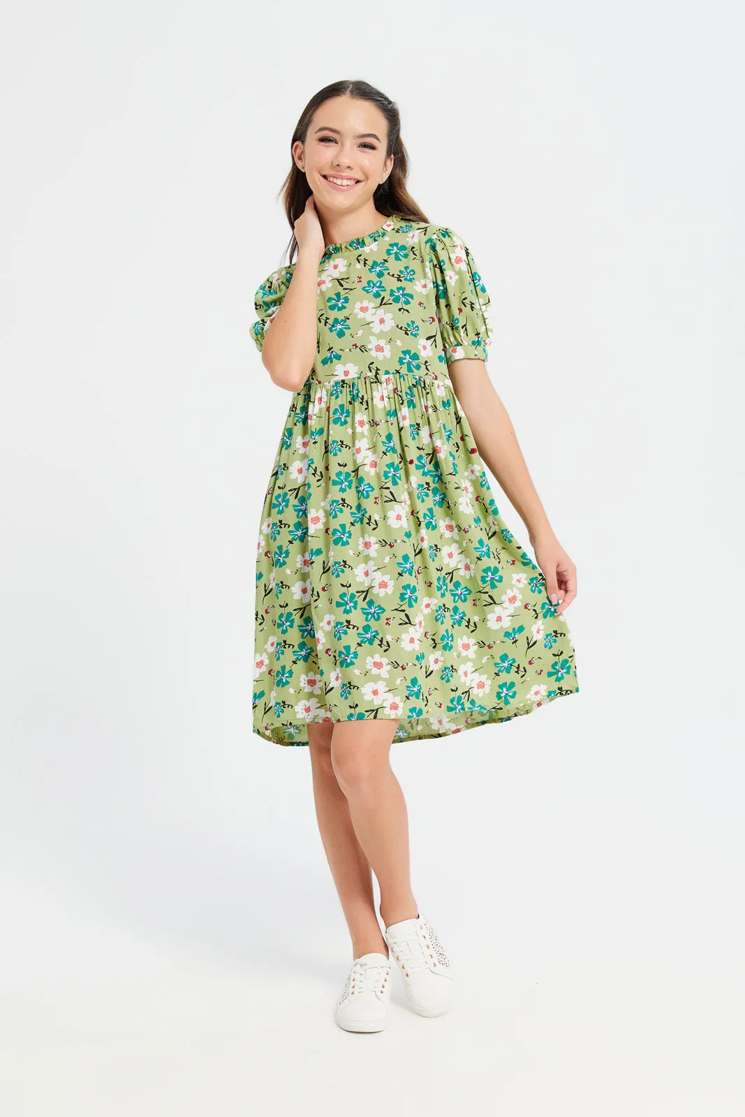 Senior Girls Green Floral Print Dress