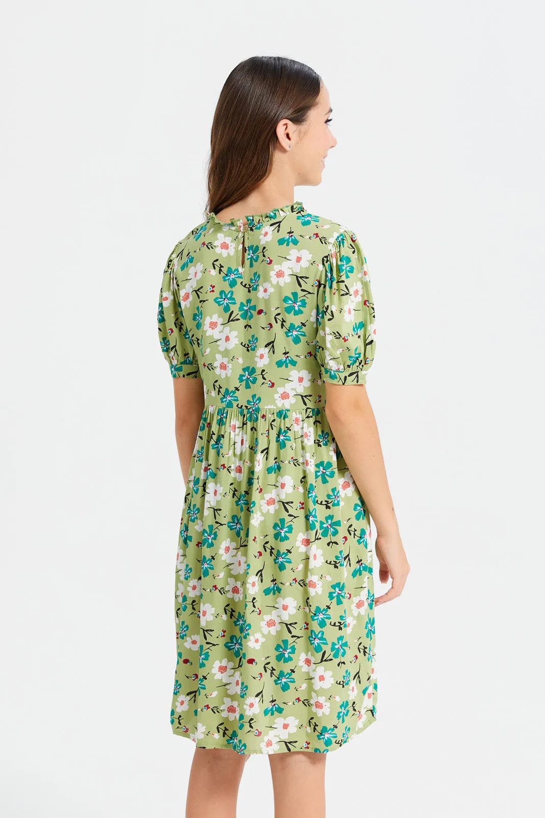 Senior Girls Green Floral Print Dress