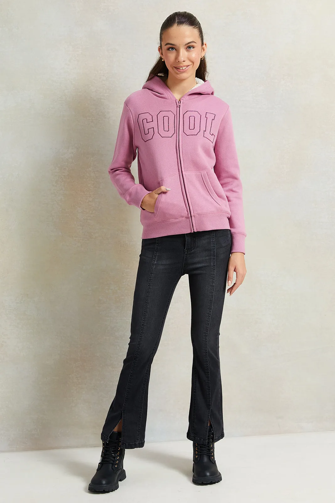 Senior Girls Pink Hooded Sherpa Lining Sweatshirt