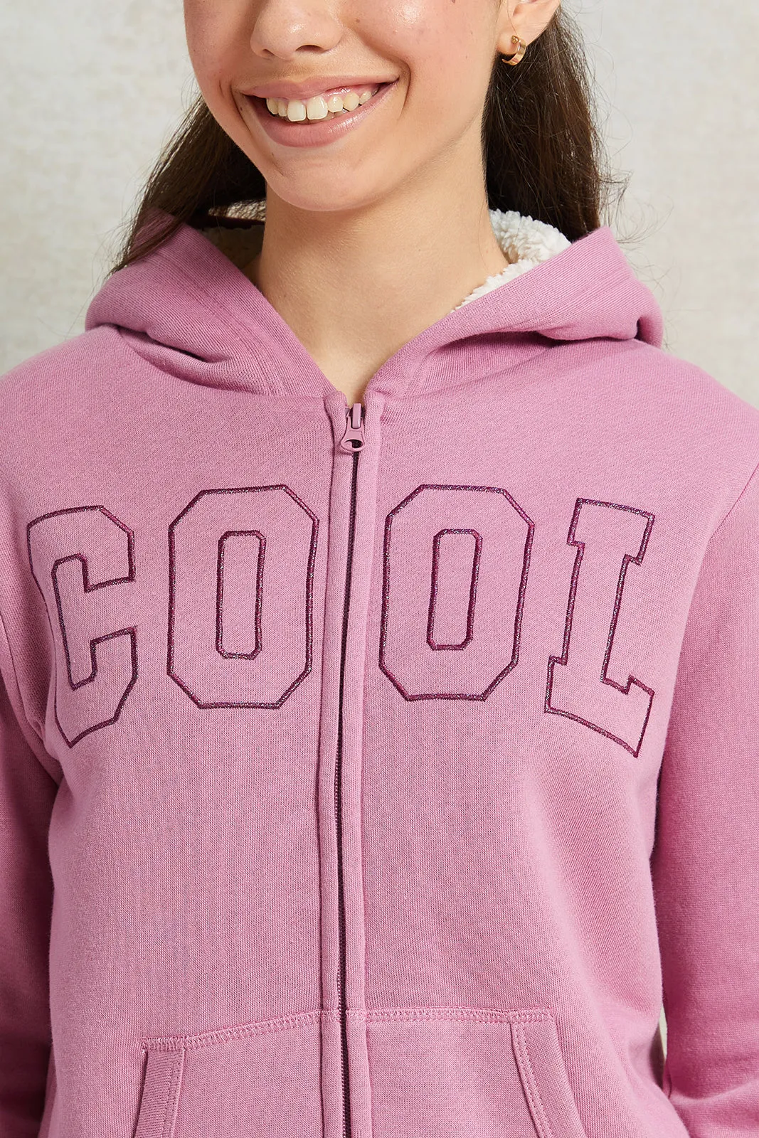 Senior Girls Pink Hooded Sherpa Lining Sweatshirt