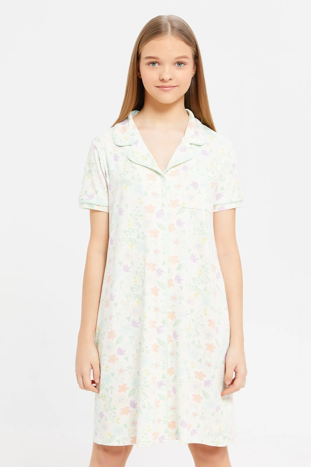 Senior Girls White Floral Night Shirt Dress