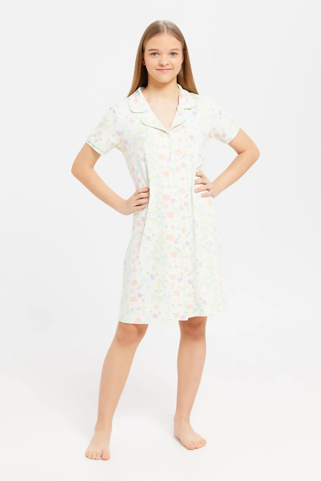 Senior Girls White Floral Night Shirt Dress