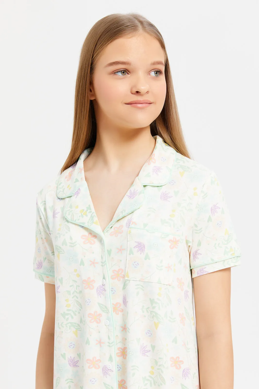 Senior Girls White Floral Night Shirt Dress