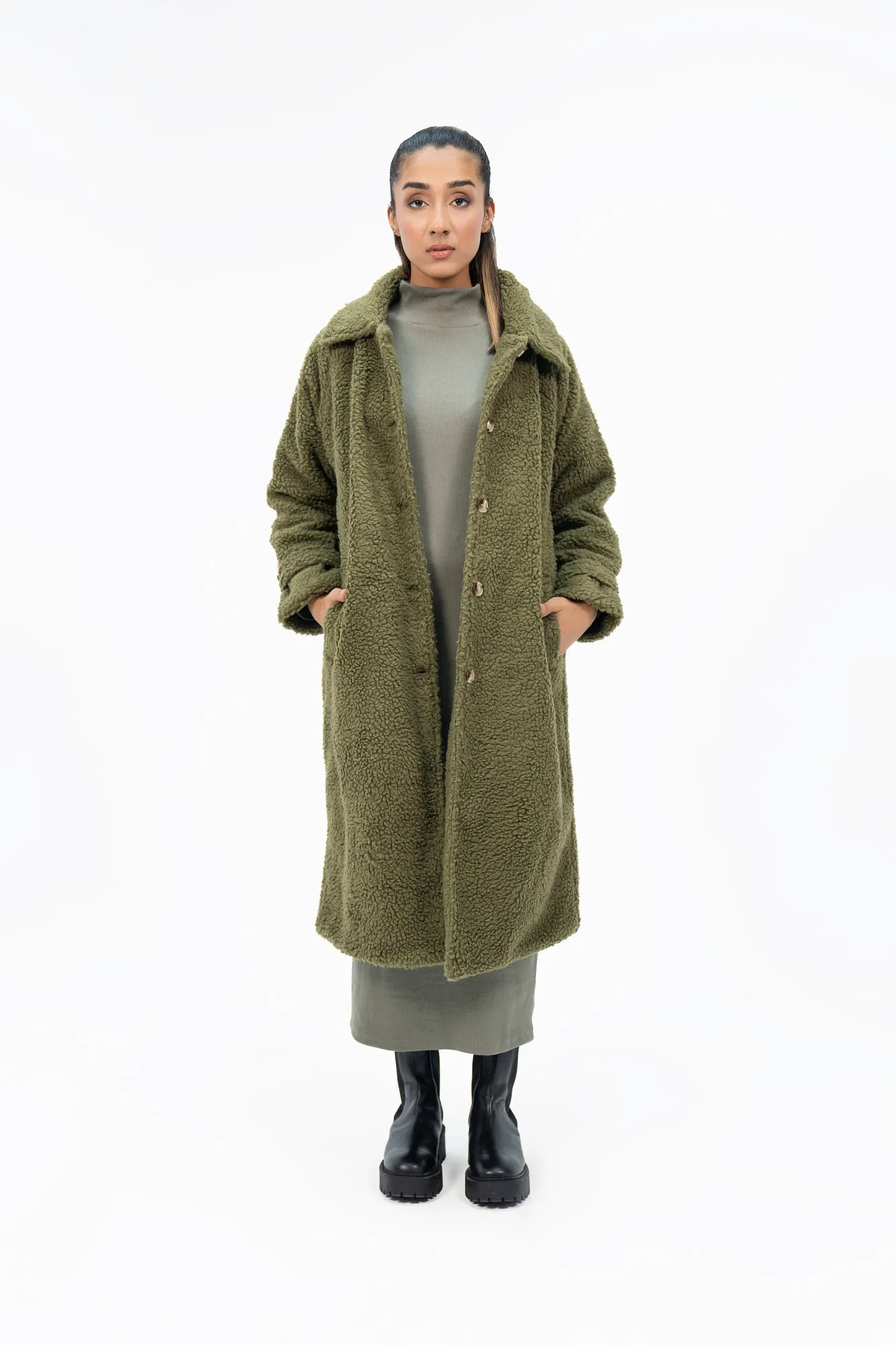 Sherpa Long Coat - Olive