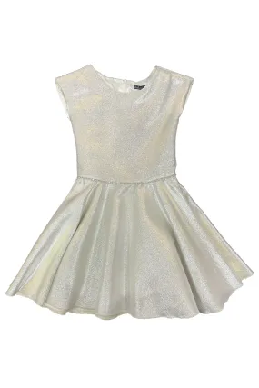 Shiny silver patterned dress with short sleeves and flared skirt