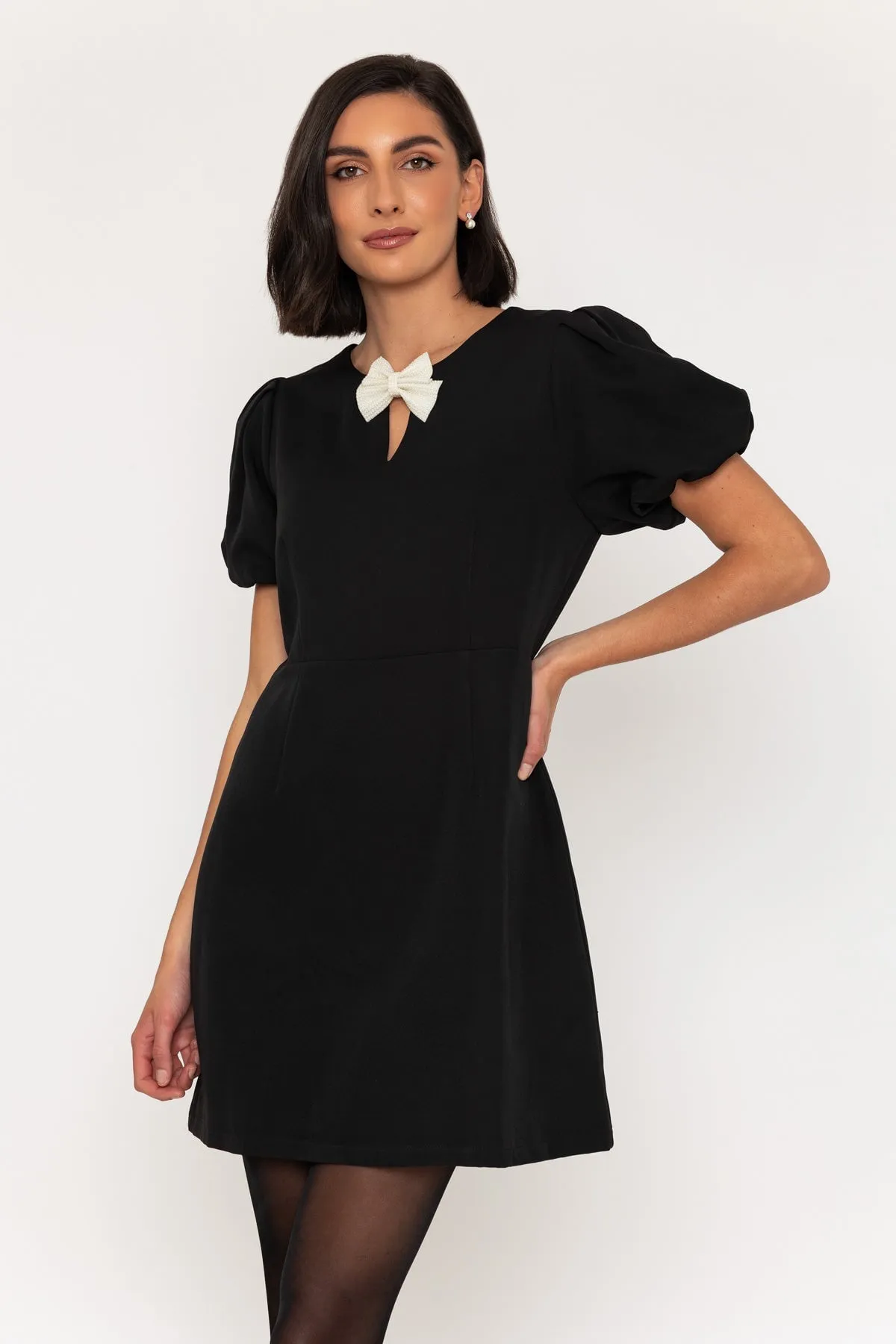 Short Sleeve Detachable Pearl Bow Mini Dress in Black