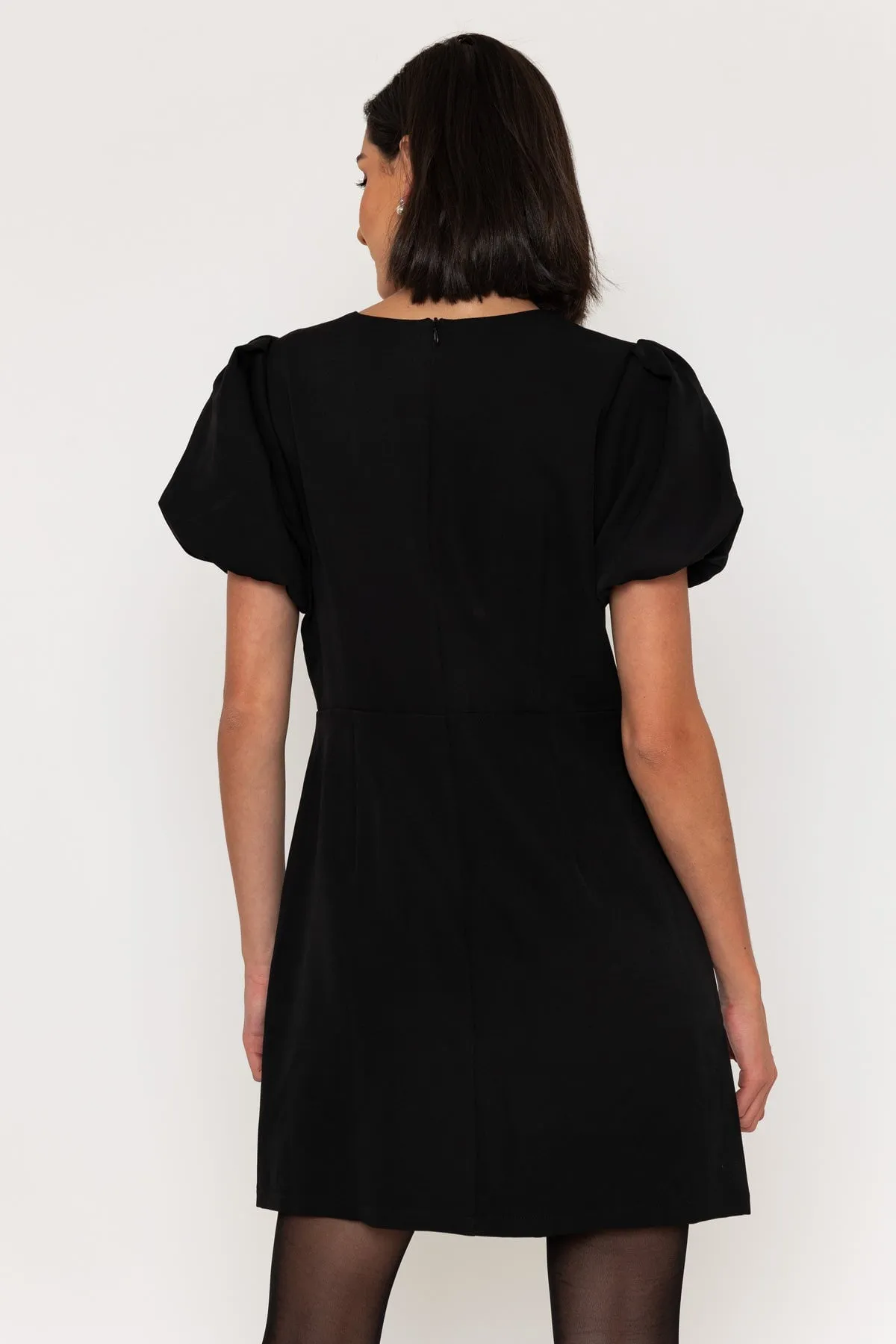 Short Sleeve Detachable Pearl Bow Mini Dress in Black