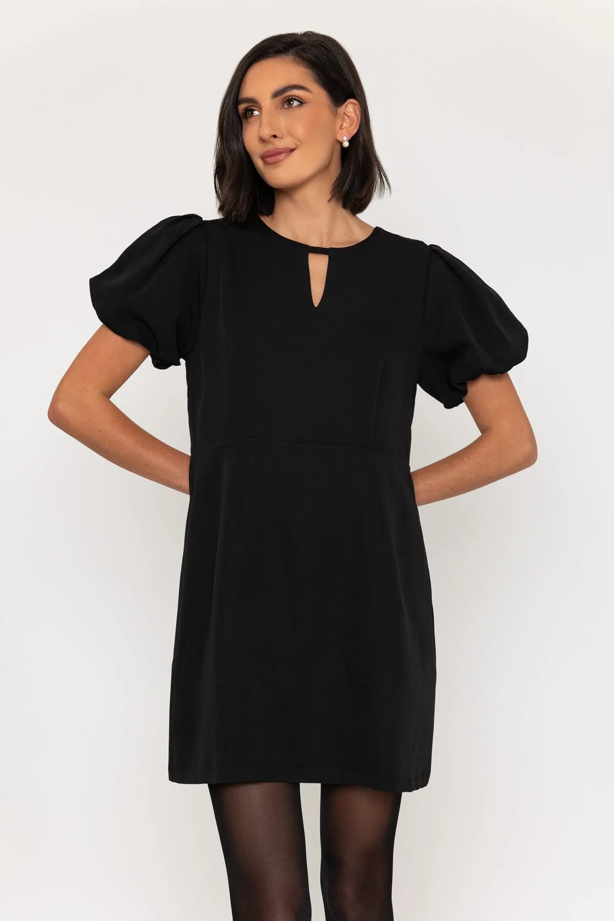 Short Sleeve Detachable Pearl Bow Mini Dress in Black