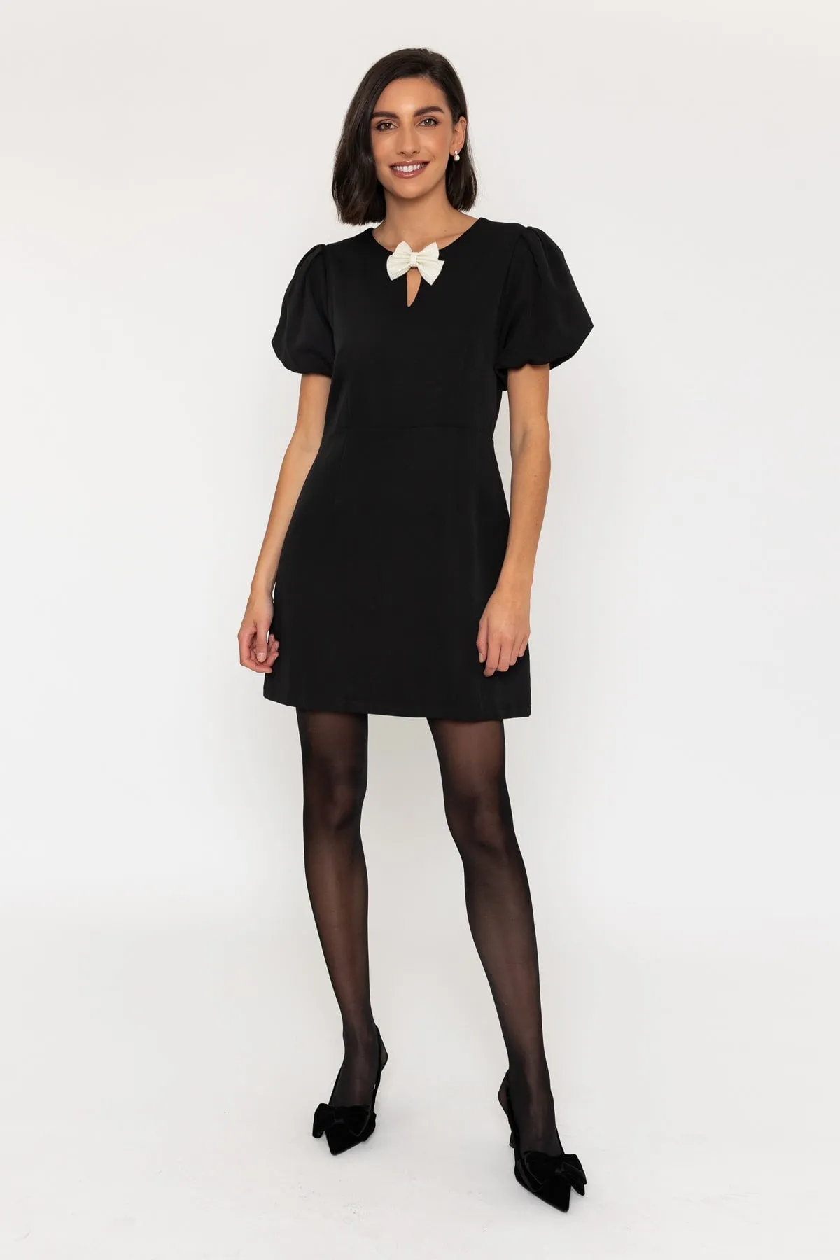 Short Sleeve Detachable Pearl Bow Mini Dress in Black